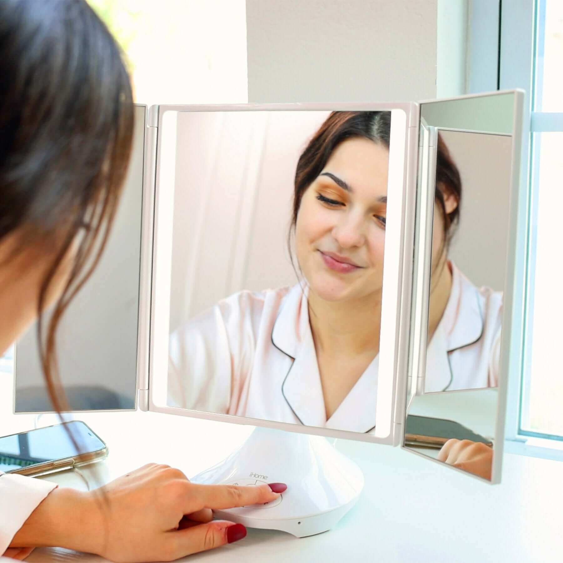 Vanity Mirror with Lights and Bluetooth Speaker, Trifold Mirror with USB Charging (iCVBT4)