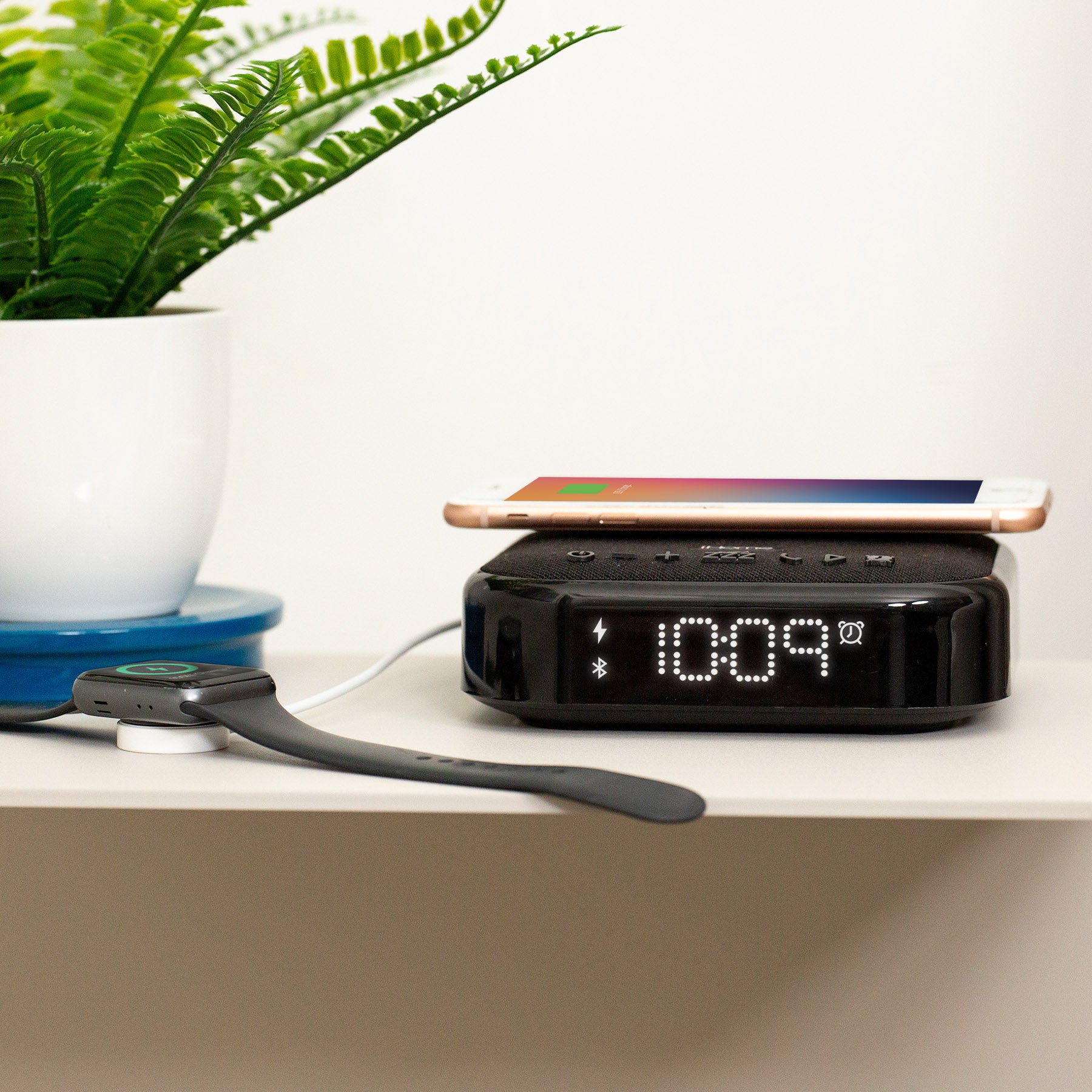 Alarm Clock with Wireless Charging, USB Charging, and Wireless Speaker (iBTW22)