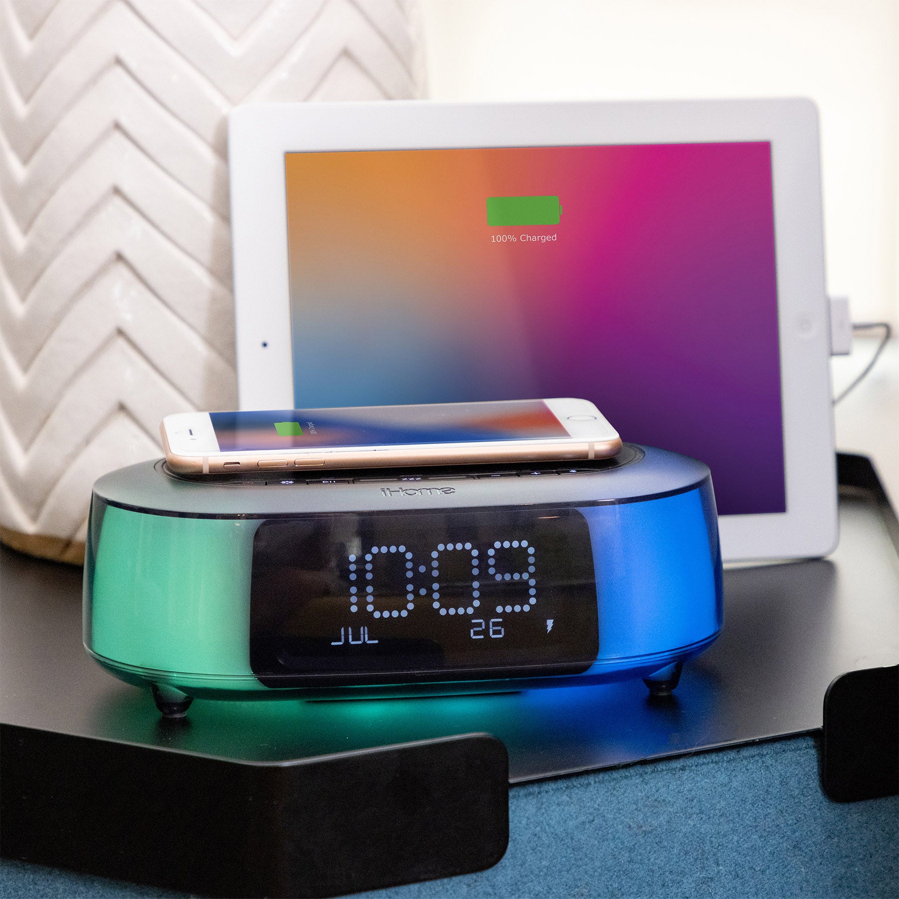 Wireless Charging Station with Color Changing Bluetooth Alarm Clock and USB Charging (iBTW281v2)