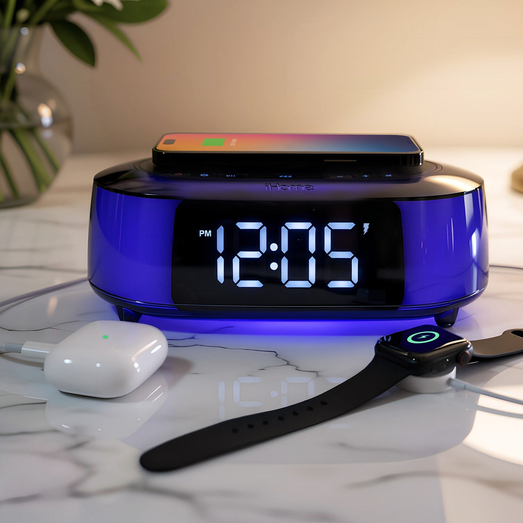 Clock Radio with Wireless Charger, Bluetooth Speaker, and 2 USB Chargers (iBTW282) - ihomedotcom