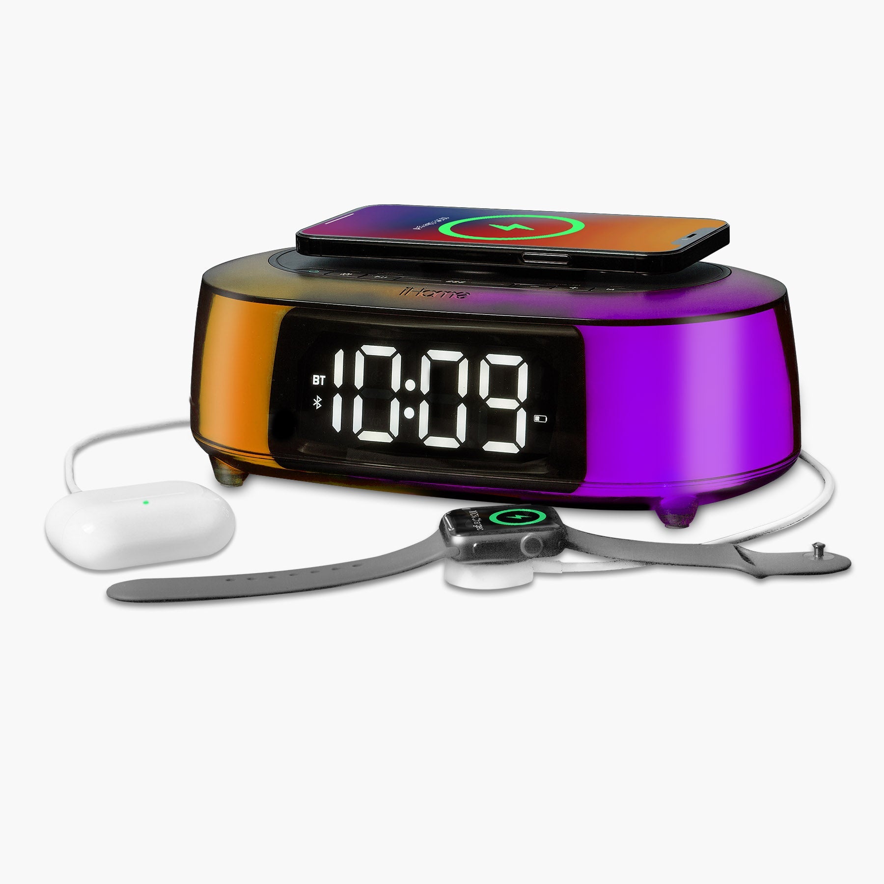 Clock Radio with Wireless Charger, Bluetooth Speaker, and 2 USB Chargers (iBTW282) - ihomedotcom