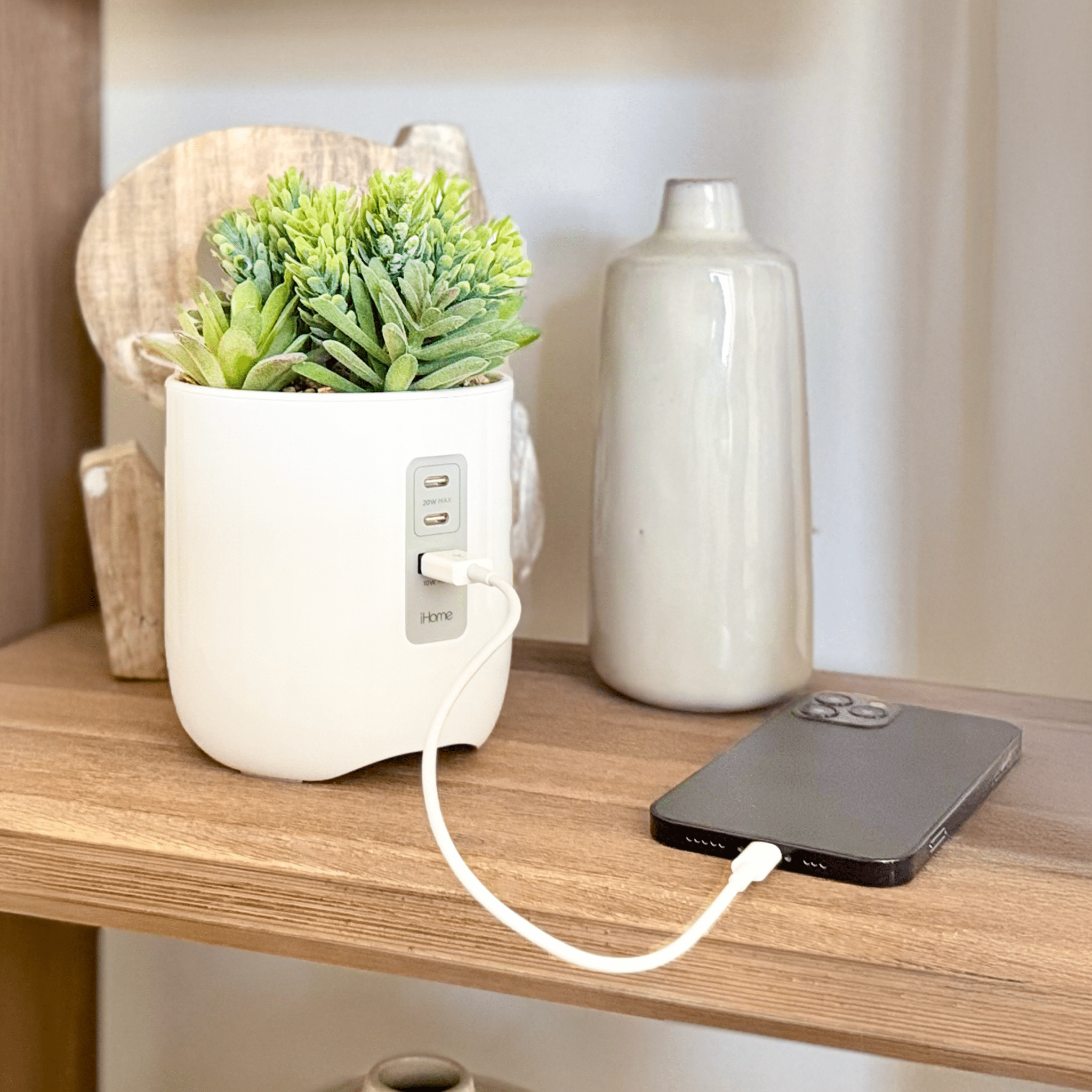 Faux Succulent with USB Charging Station for iPhone, Android, and Samsung Devices – White (iPP45) - ihomedotcom