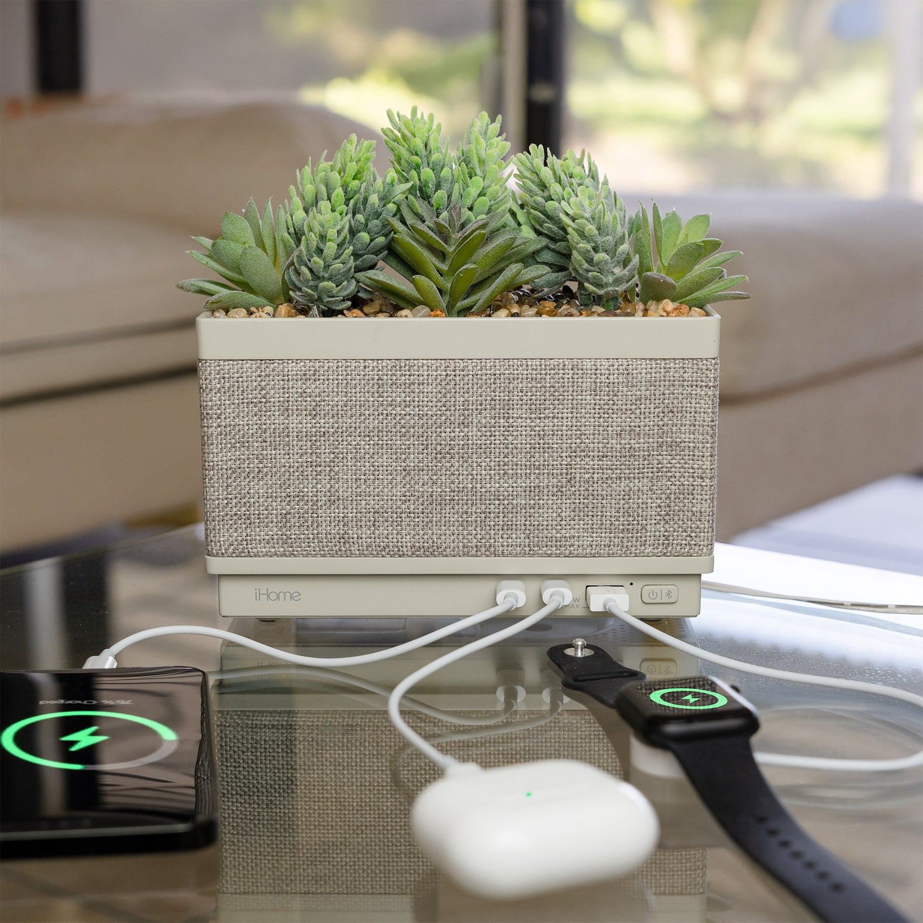 Power Plant Faux Succulent with USB Charging Station and Bluetooth Speaker – Beige (iPP60)