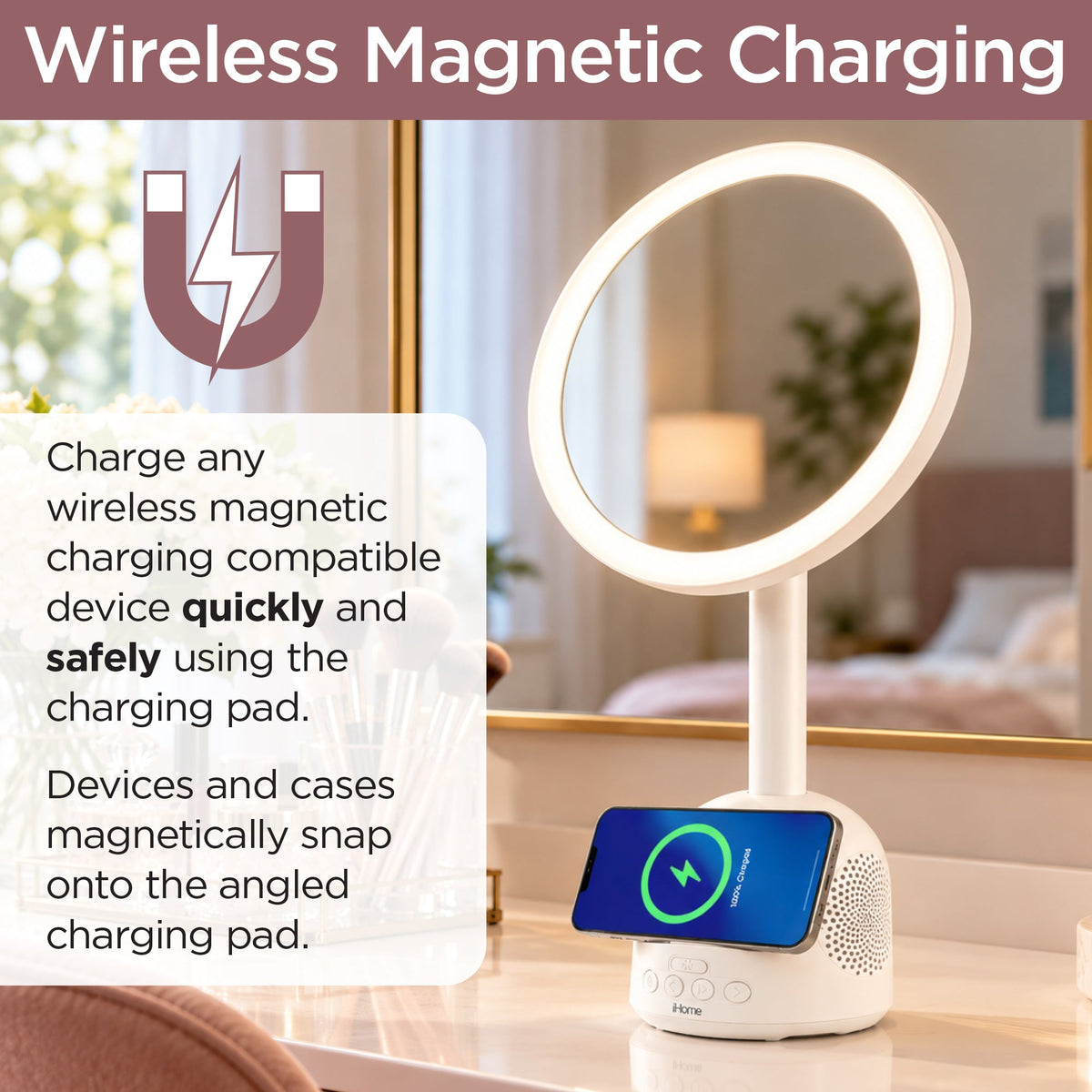Makeup Mirror with Lights, Wireless Charger and Bluetooth Speaker (iPCVBT19VM) - ihomedotcom
