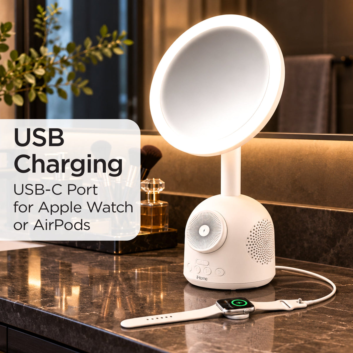 Makeup Mirror with Lights, Wireless Charger and Bluetooth Speaker (iPCVBT19VM) - ihomedotcom