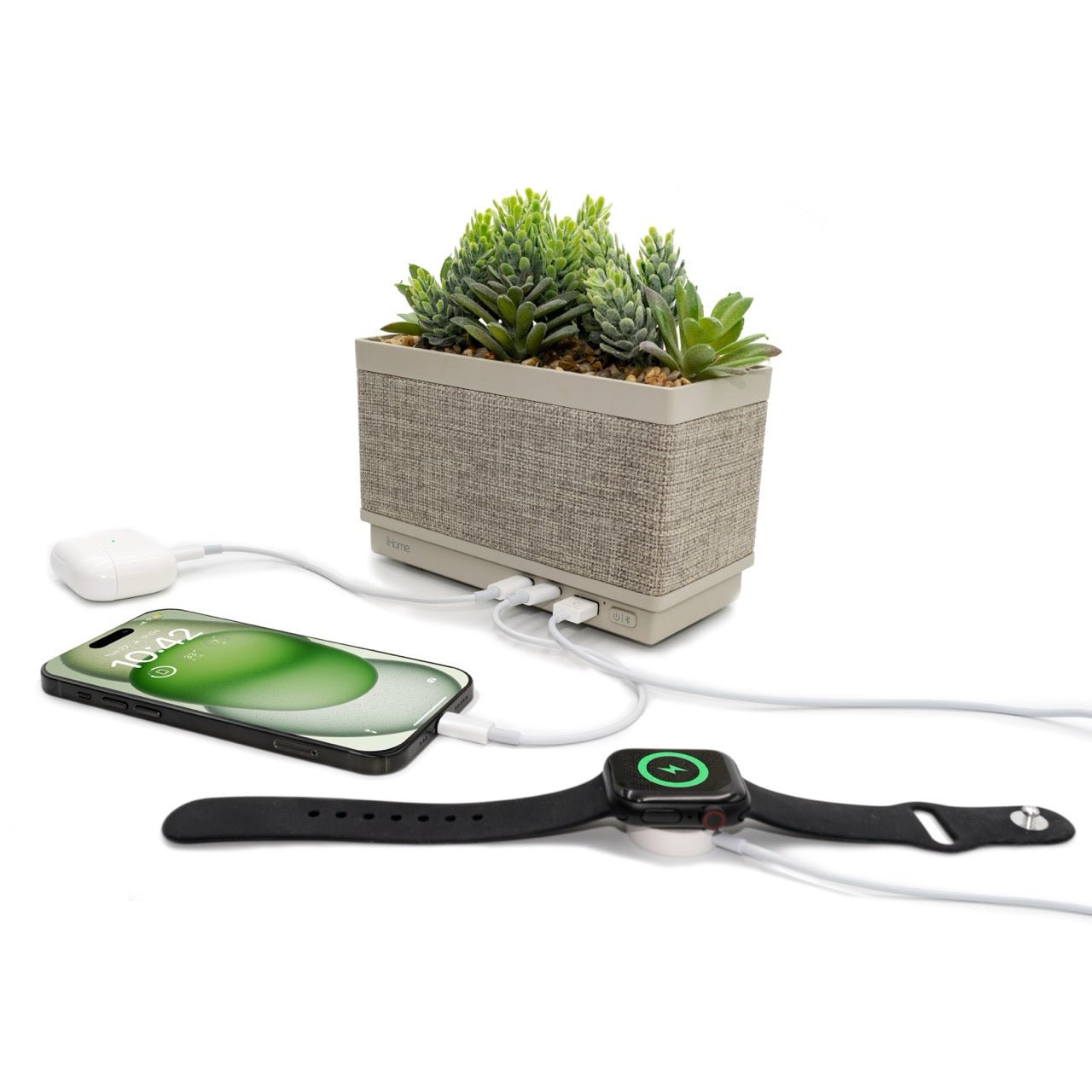 Power Plant Faux Succulent with USB Charging Station and Bluetooth Speaker – Beige (iPP60) - ihomedotcom