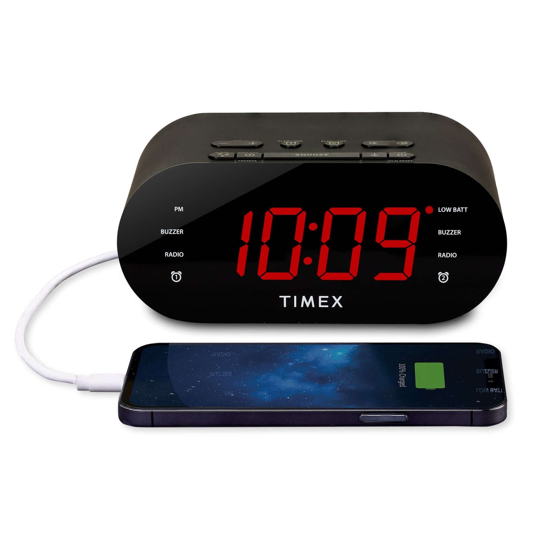 Timex Alarm Clock for Bedroom with FM Radio and USB Charging - Black (T232B) - ihomedotcom