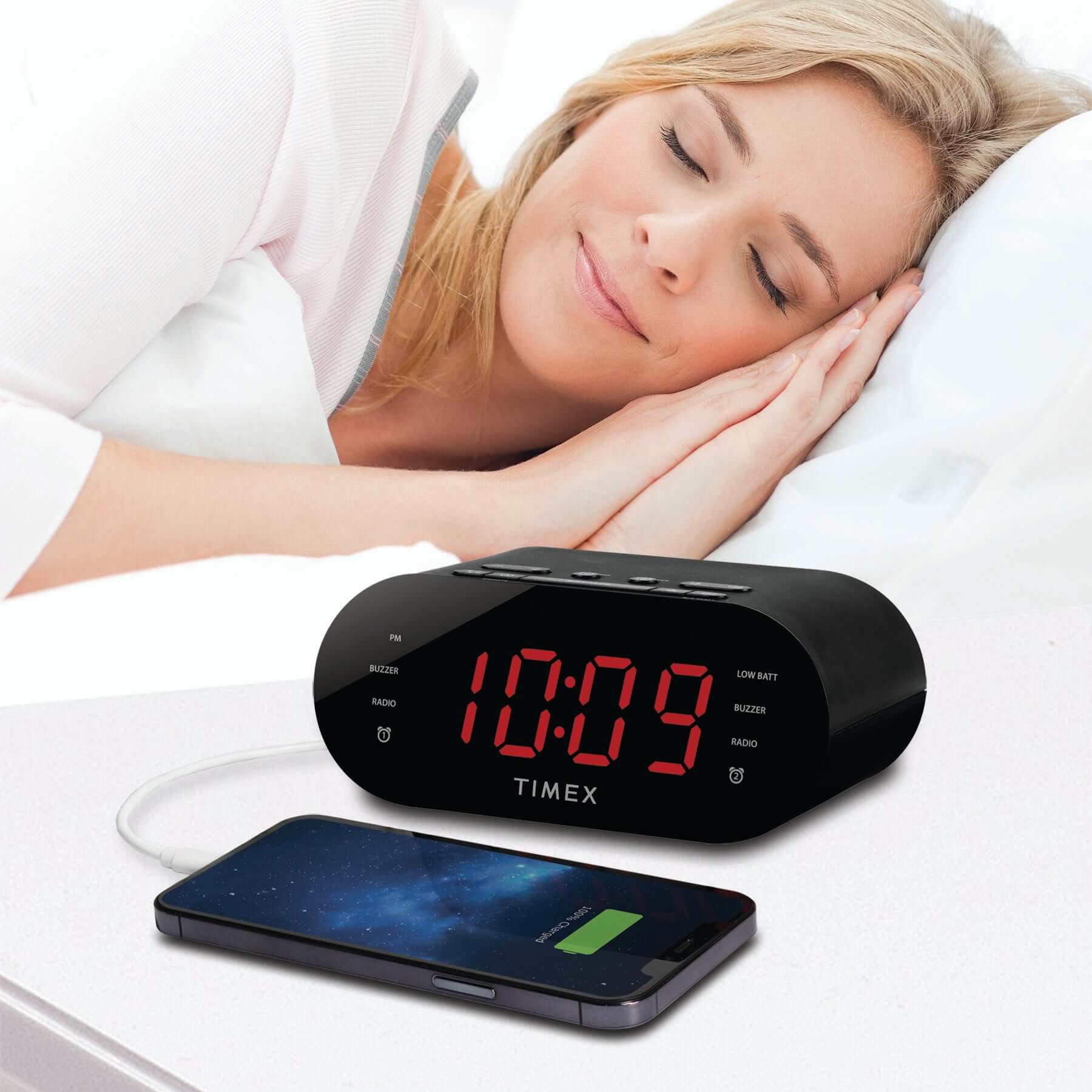 Timex Alarm Clock for Bedroom with FM Radio and USB Charging - Black (T232B) - ihomedotcom