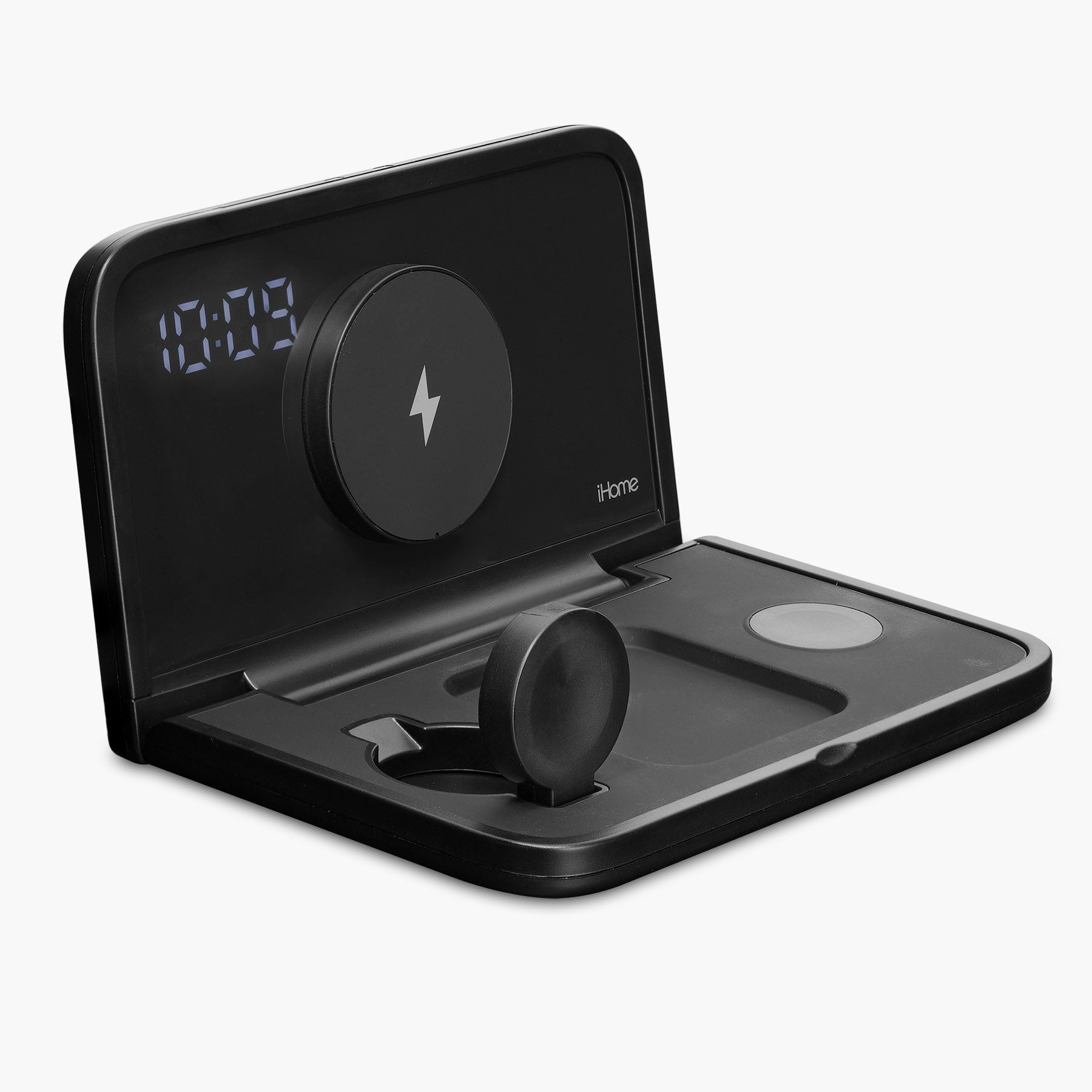 Travel Alarm Clock with Wireless Charging Station for iPhone, AirPods, and Apple Watch (iWW7) - ihomedotcom