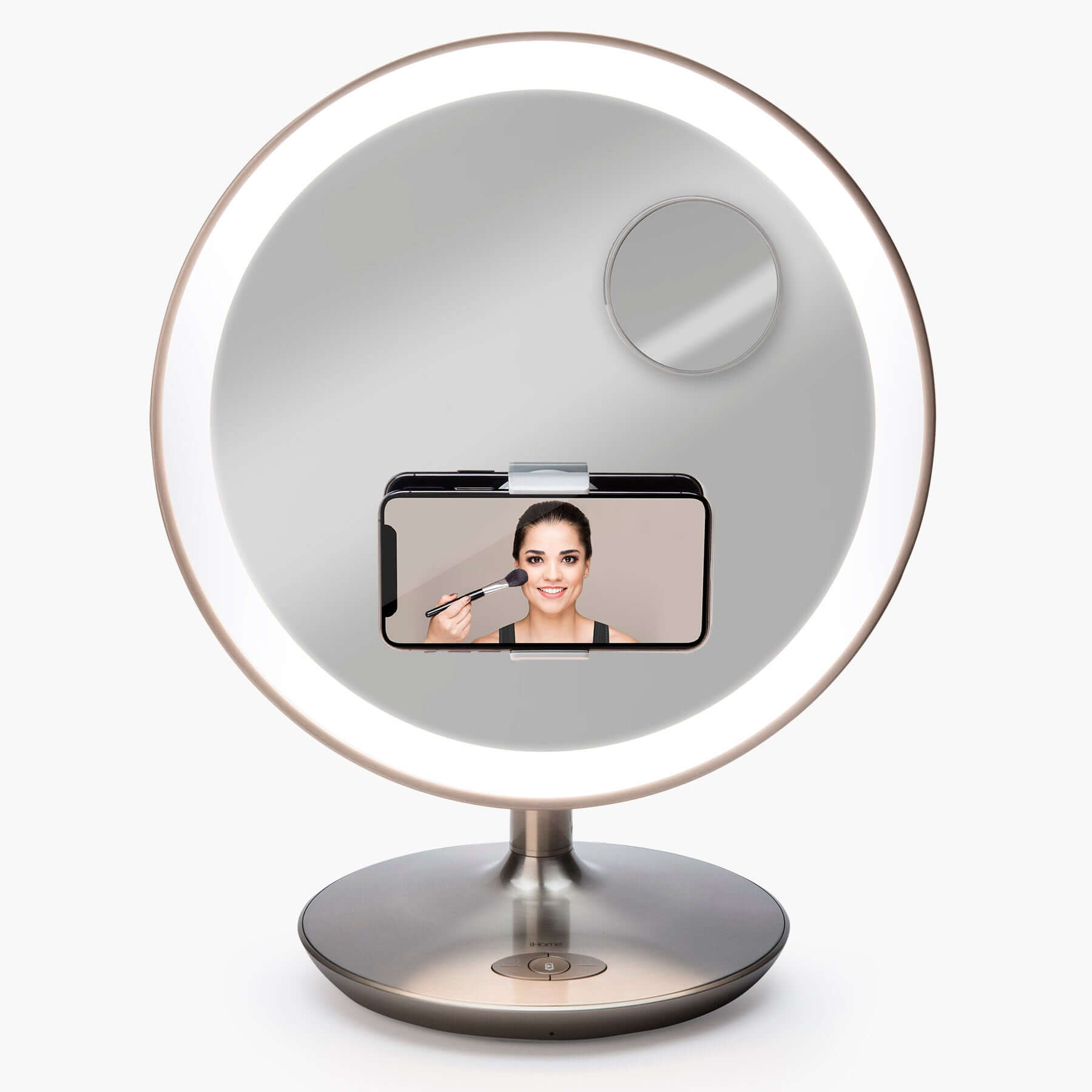 Vanity Mirror with Lights and Bluetooth Speaker, Magnifying Mirror, and Phone Mount (iCVBT12) - ihomedotcom
