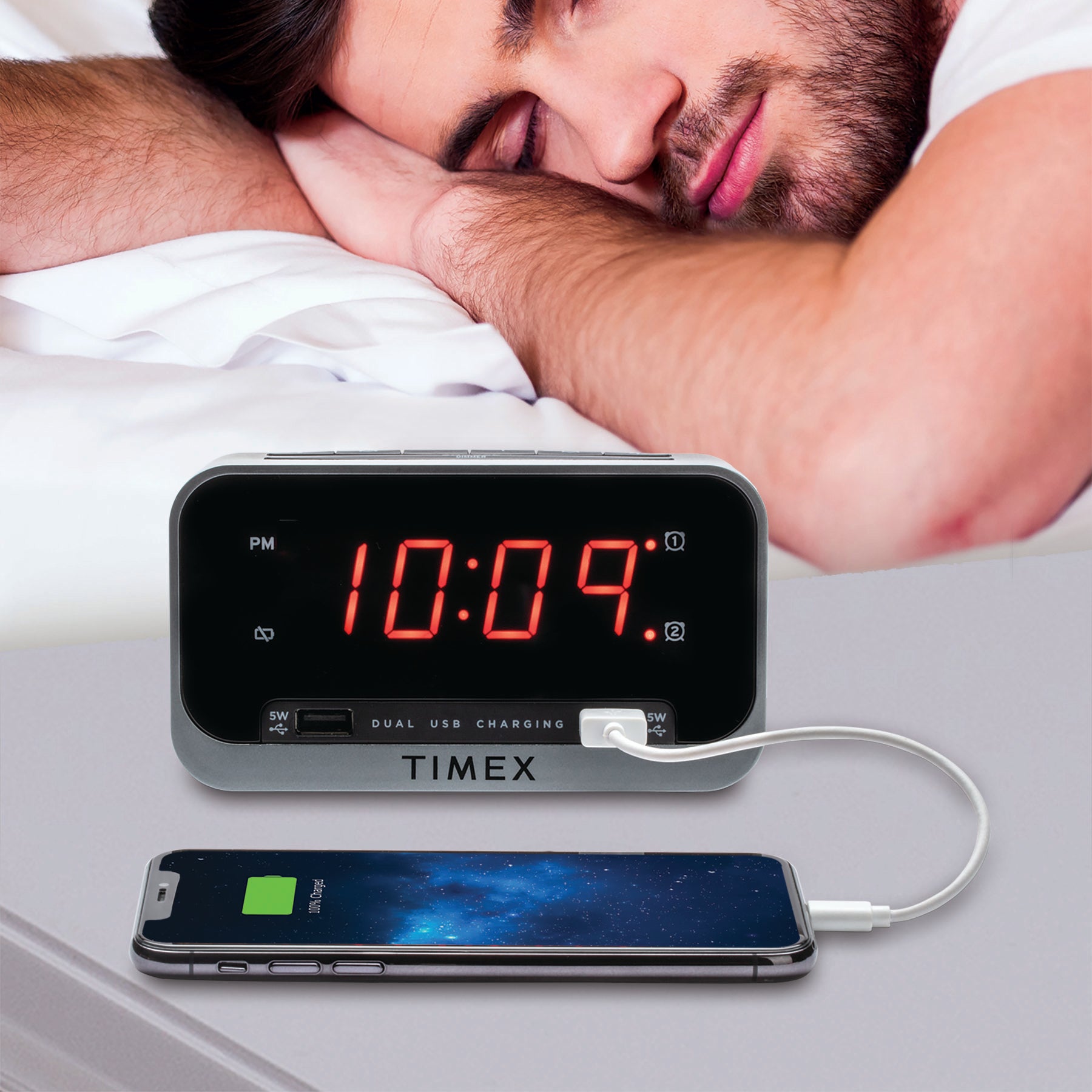 Timex Alarm Clock with Night Light and 2 USB Charging Ports (T1300)