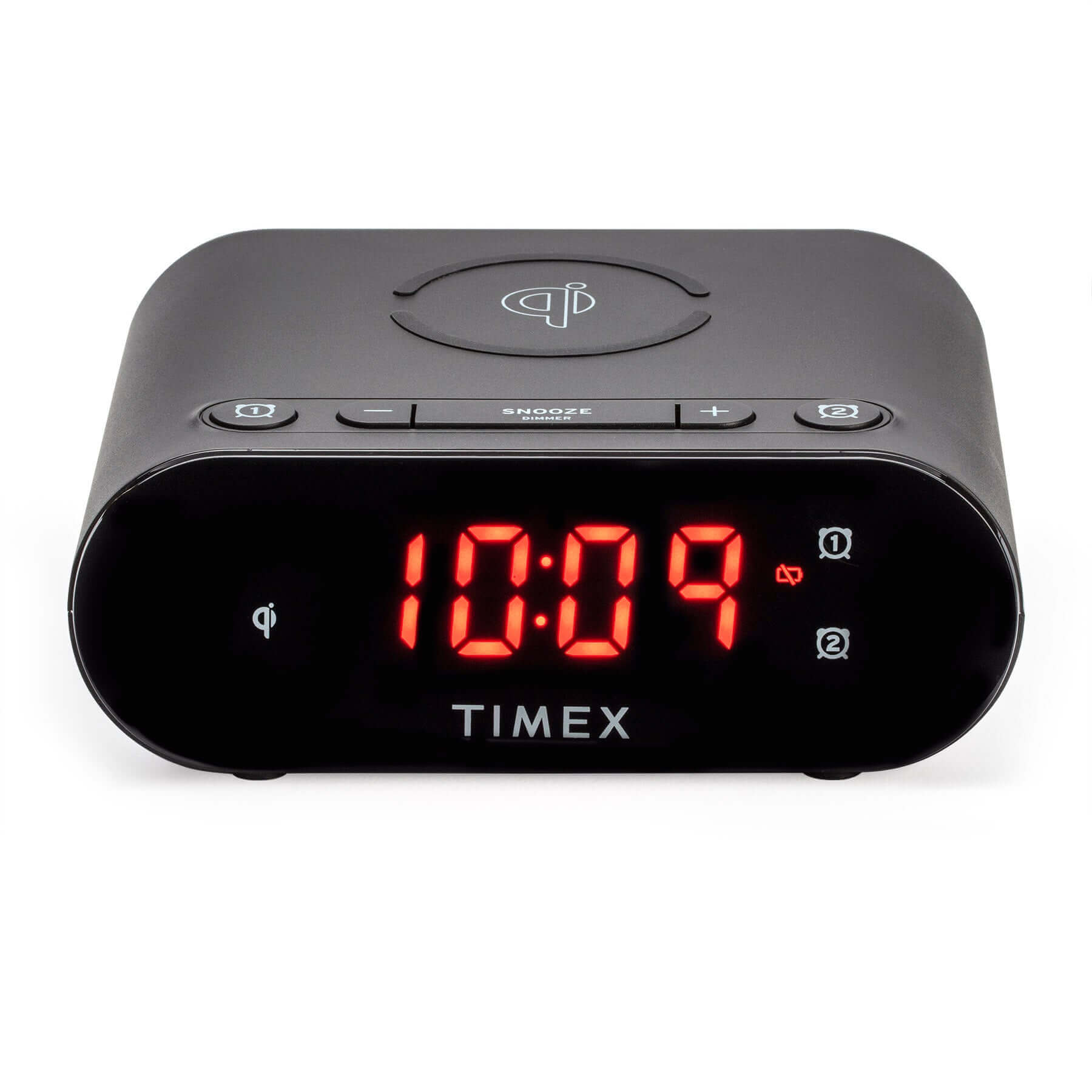 Timex TW300 Alarm Clock with Wireless Charging Displaying 10:09 and Various Control Buttons