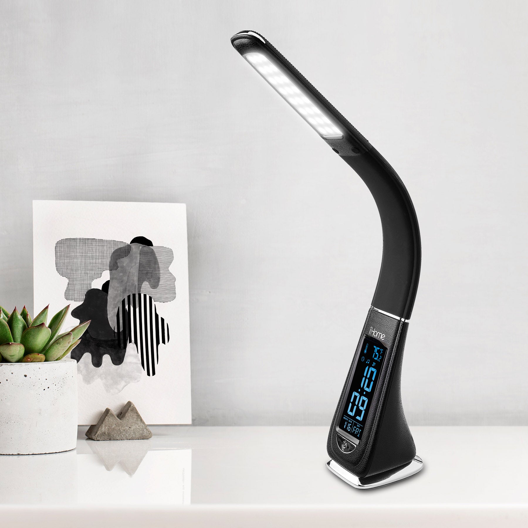 Desk Lamp for Bedroom, Reading Light with Alarm Clock and USB Charging (IL100B) - Black
