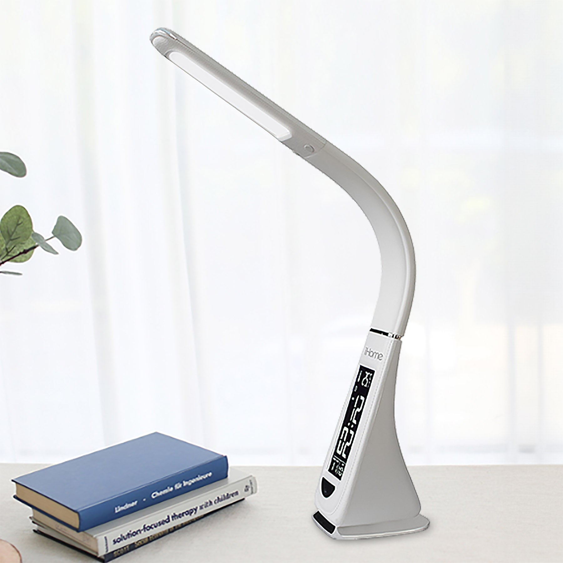 Desk Lamp for Bedroom, Reading Light with Alarm Clock and USB Charging - White
