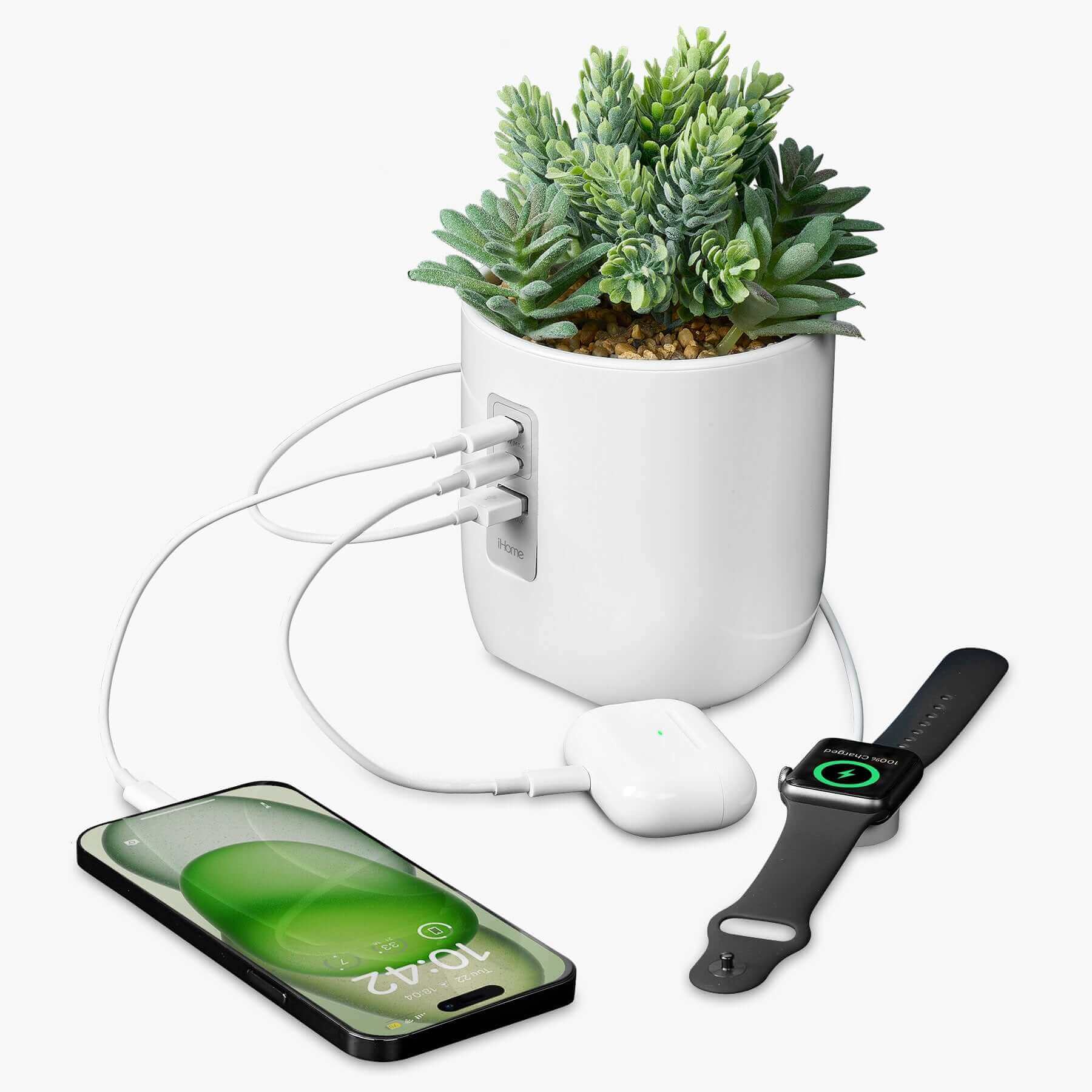 Faux succulent in white pot with USB-C and USB-A charging ports for iPhone, Android, Samsung devices, smartwatch, and earbuds.