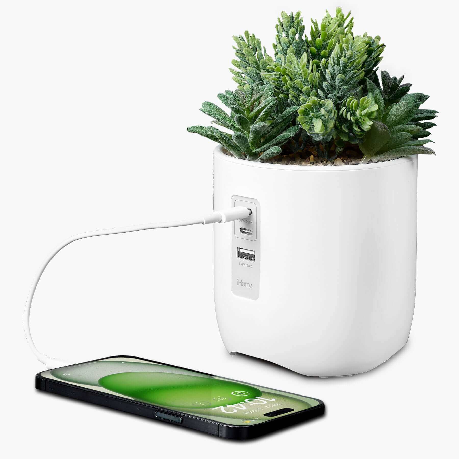 Faux succulent with USB charging station for iPhone, Android, and Samsung in white high gloss pot with smartphone plugged in