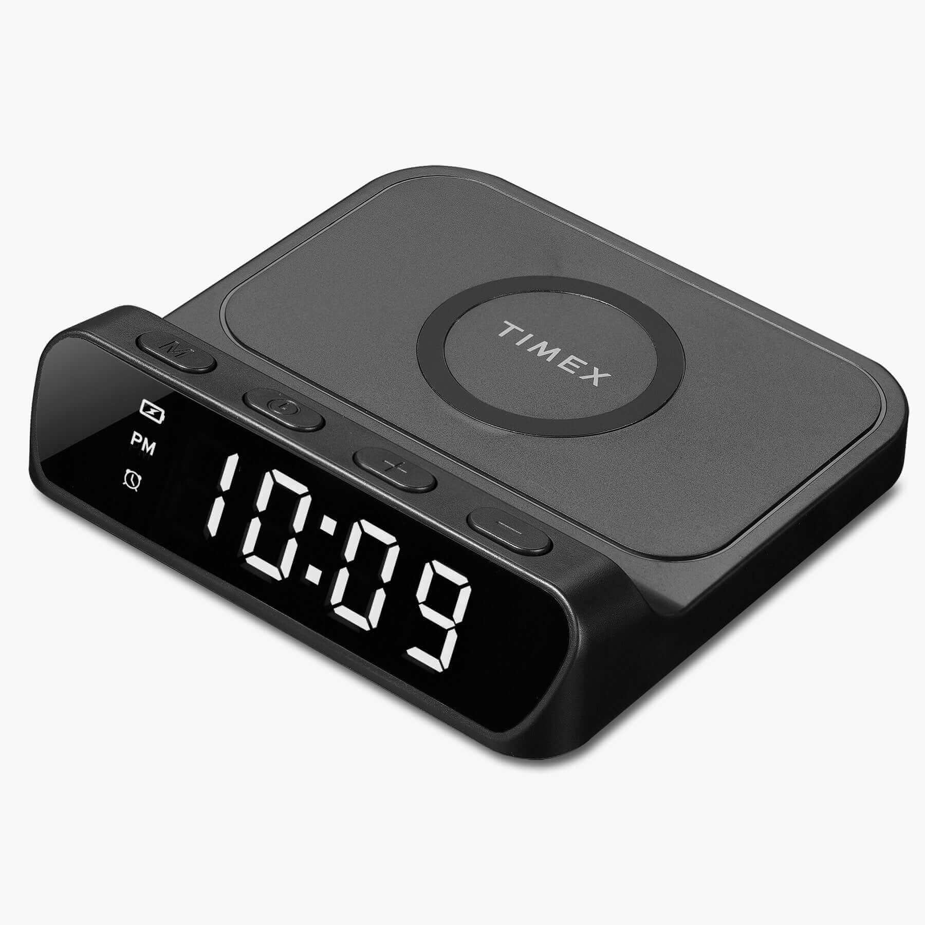 Timex Alarm Clock with Wireless Charger for iPhone, Samsung, and AirPods - Black (TW14B) displaying 10:09 PM on LED screen.