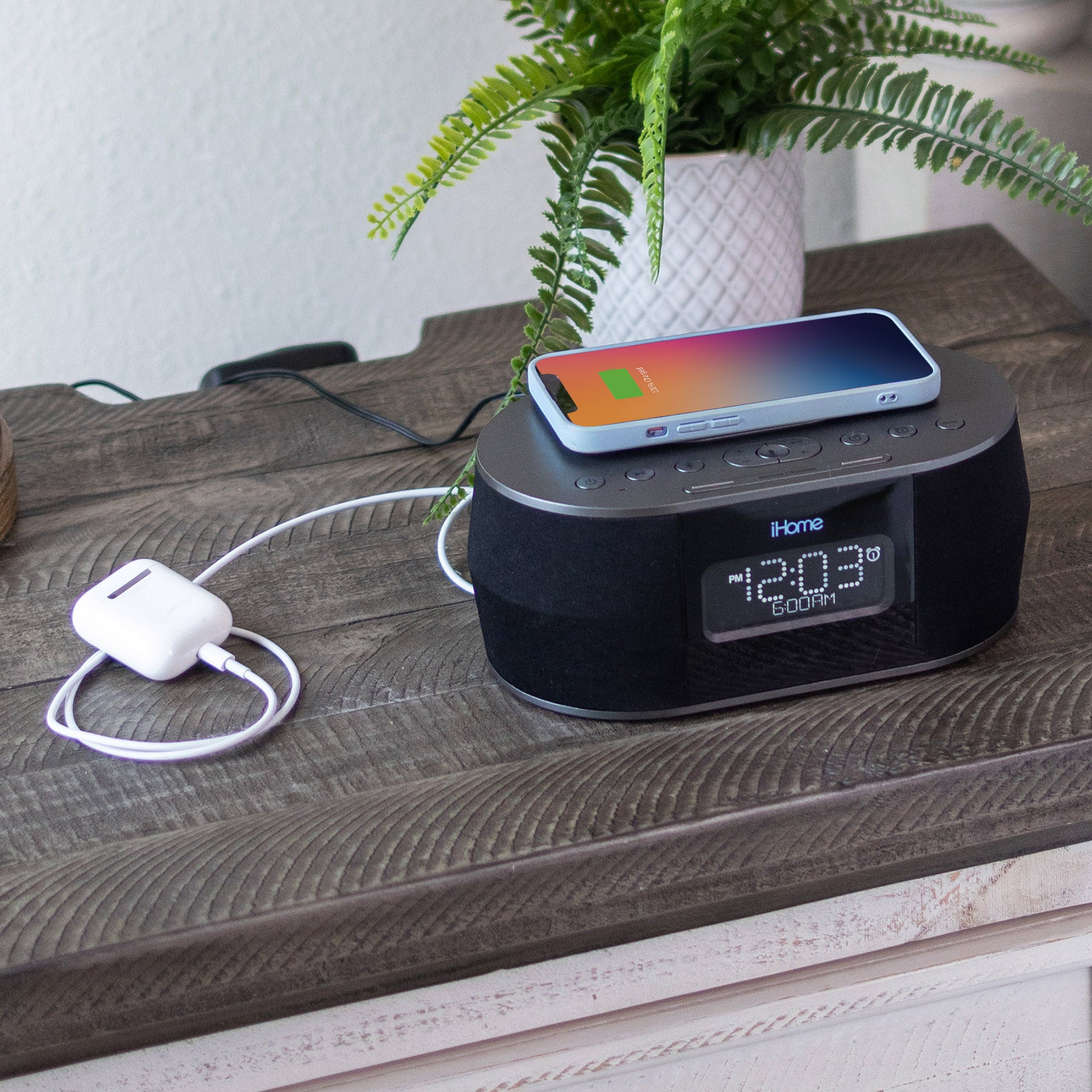 Alarm Clock with Wireless Charging, USB Charging, and Wireless Speaker (iBTW38)