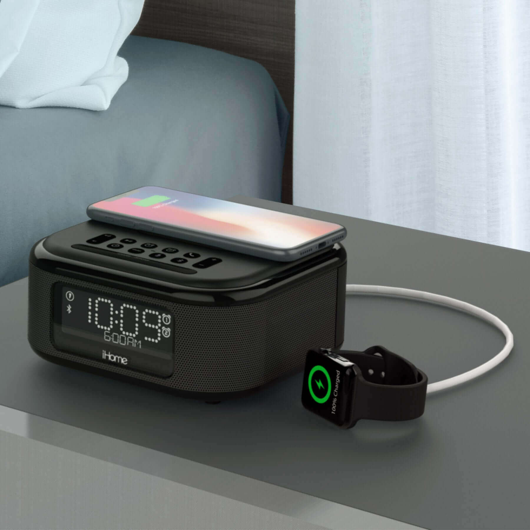 Alarm Clock with Wireless Charging, Bluetooth Speaker and USB Charging  (iBTW23)