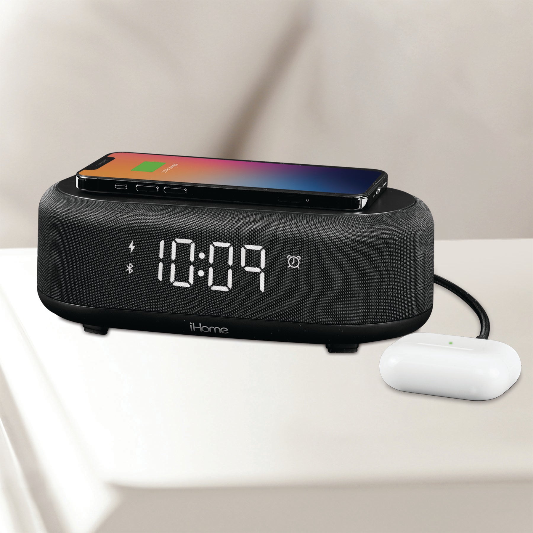 Bluetooth Alarm Clock with Wireless Charger and USB Charging Station (iBTW112)