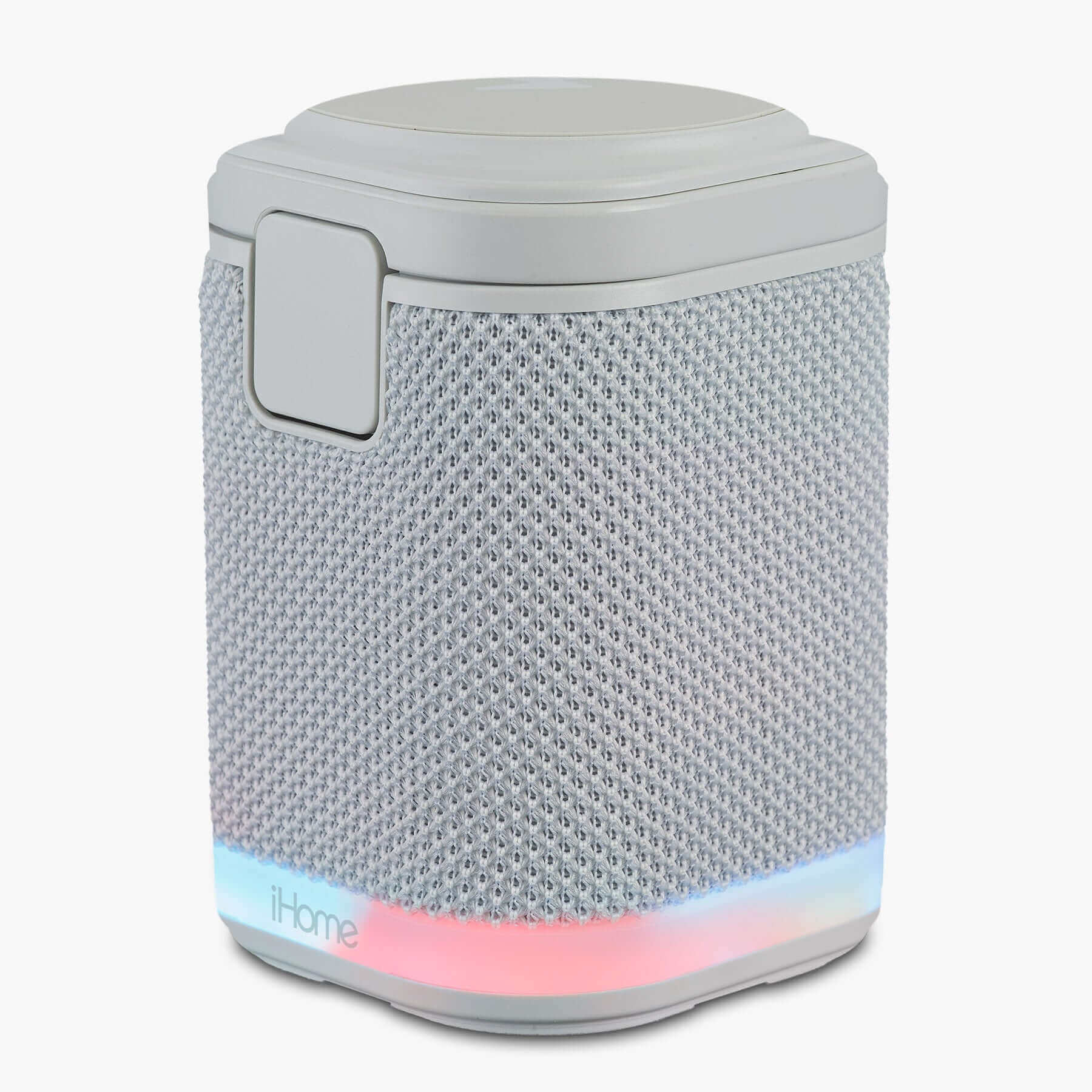 Light gray Bluetooth speaker with wireless charger and color-changing night light from iHome Power Tower.