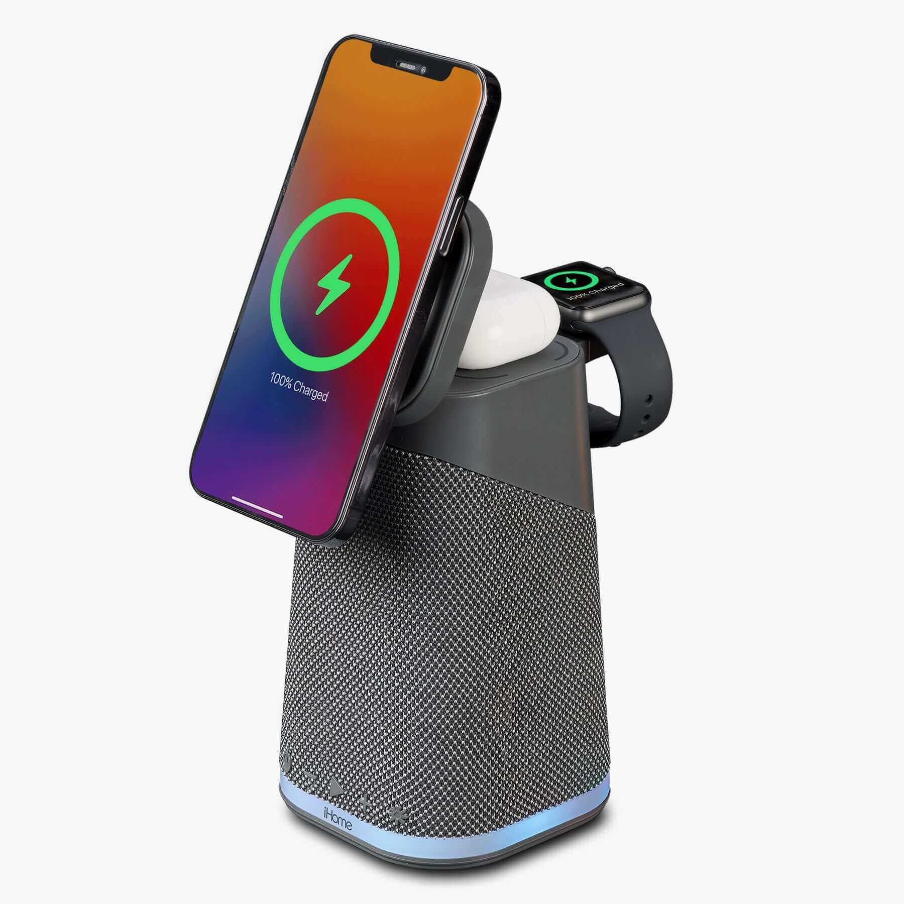 Wireless charger with Apple Watch charger, AirPods charger, Bluetooth speaker, and night light in dark grey.