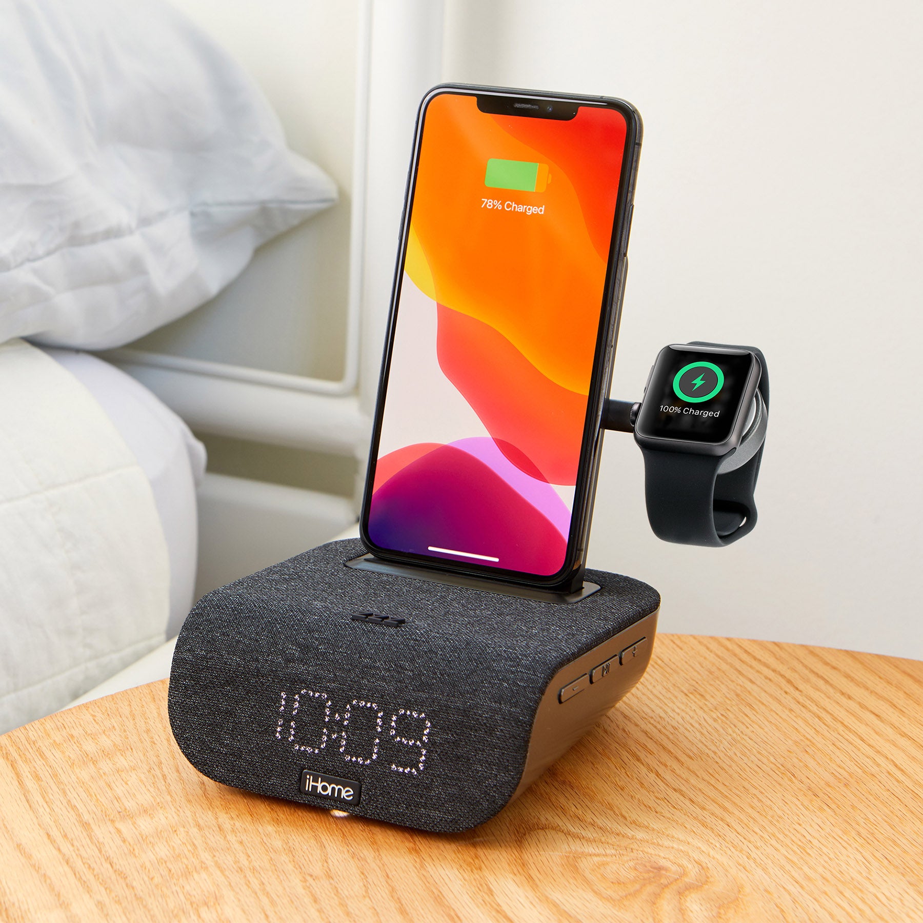Wireless Charging Station with Apple Watch Charger, Bluetooth Alarm Clock and USB Charging (iWBTW200)