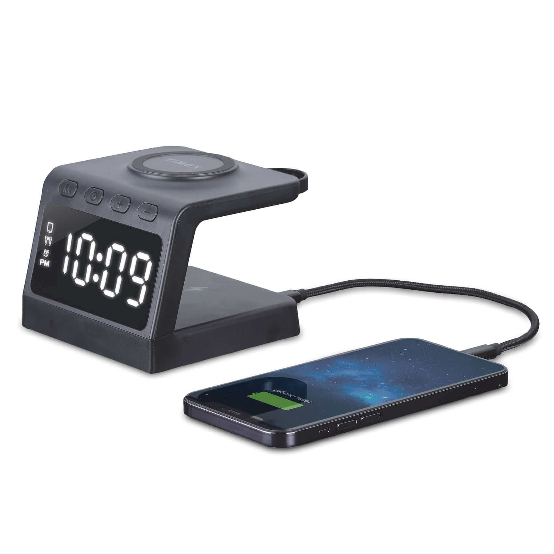 Timex Alarm Clock with Fast Wireless Charging Station and USB-C Port for Apple Watch Charging - Black (TWW30B)