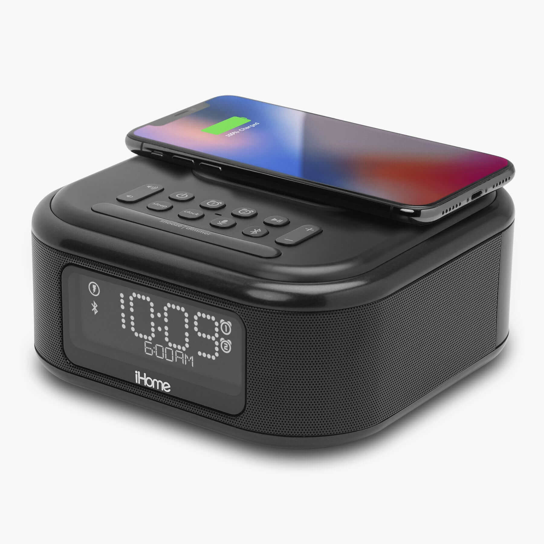 Alarm Clock with Wireless Charging, Bluetooth Speaker and USB Charging (iBTW23) - ihomedotcom