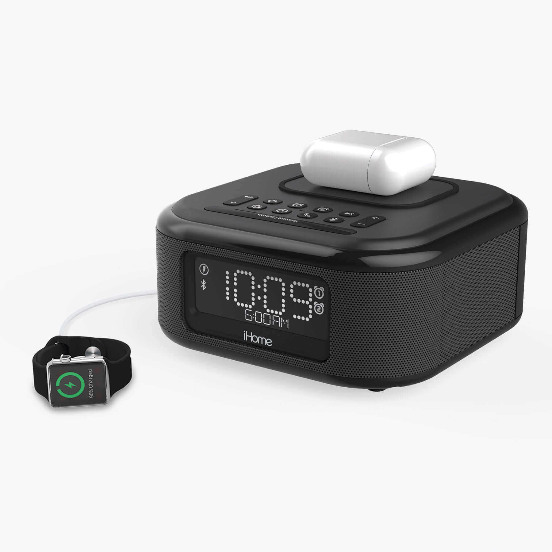 Alarm Clock with Wireless Charging, Bluetooth Speaker and USB Charging (iBTW23) - ihomedotcom