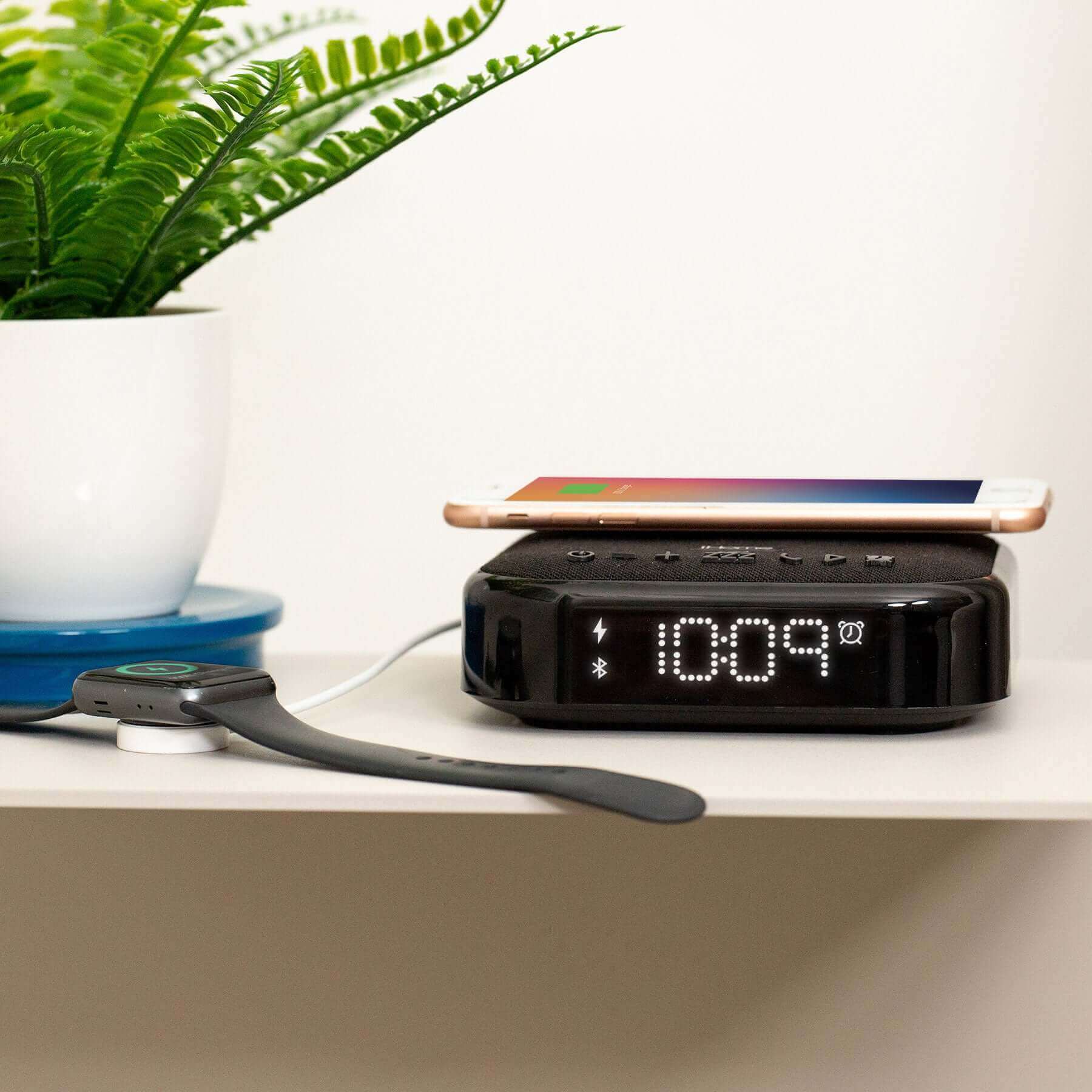 Alarm Clock with Wireless Charging, USB Charging, and Wireless Speaker (iBTW22) - ihomedotcom