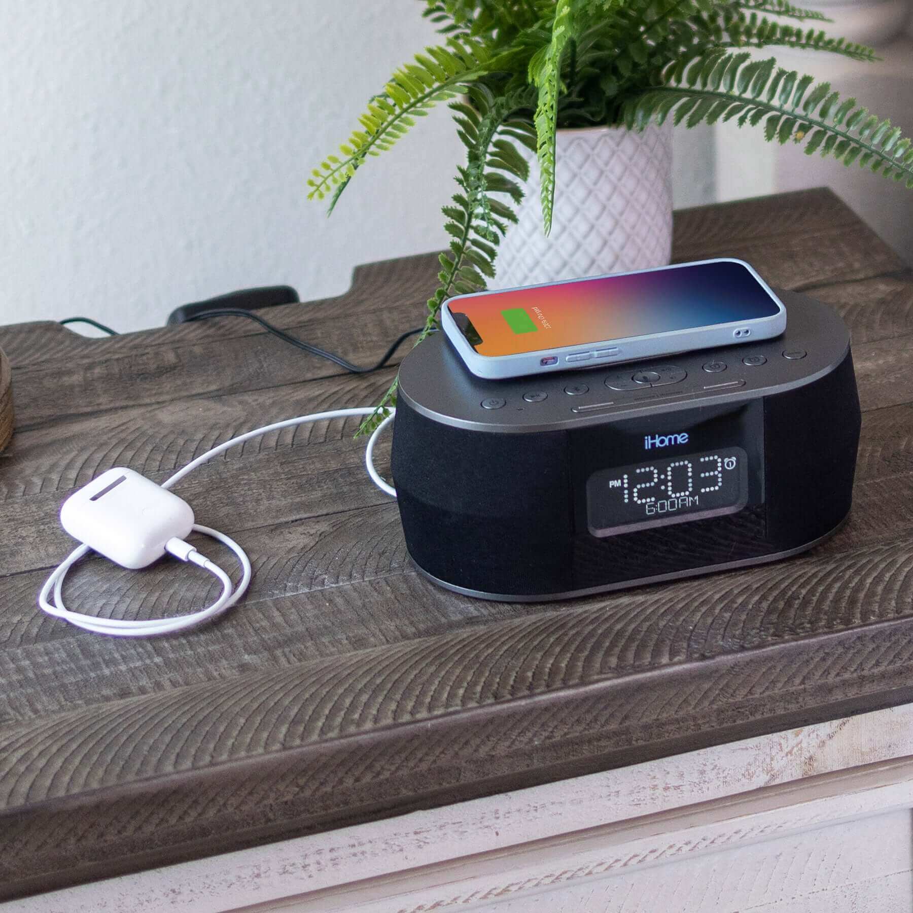 Alarm Clock with Wireless Charging, USB Charging, and Wireless Speaker (iBTW38) - ihomedotcom