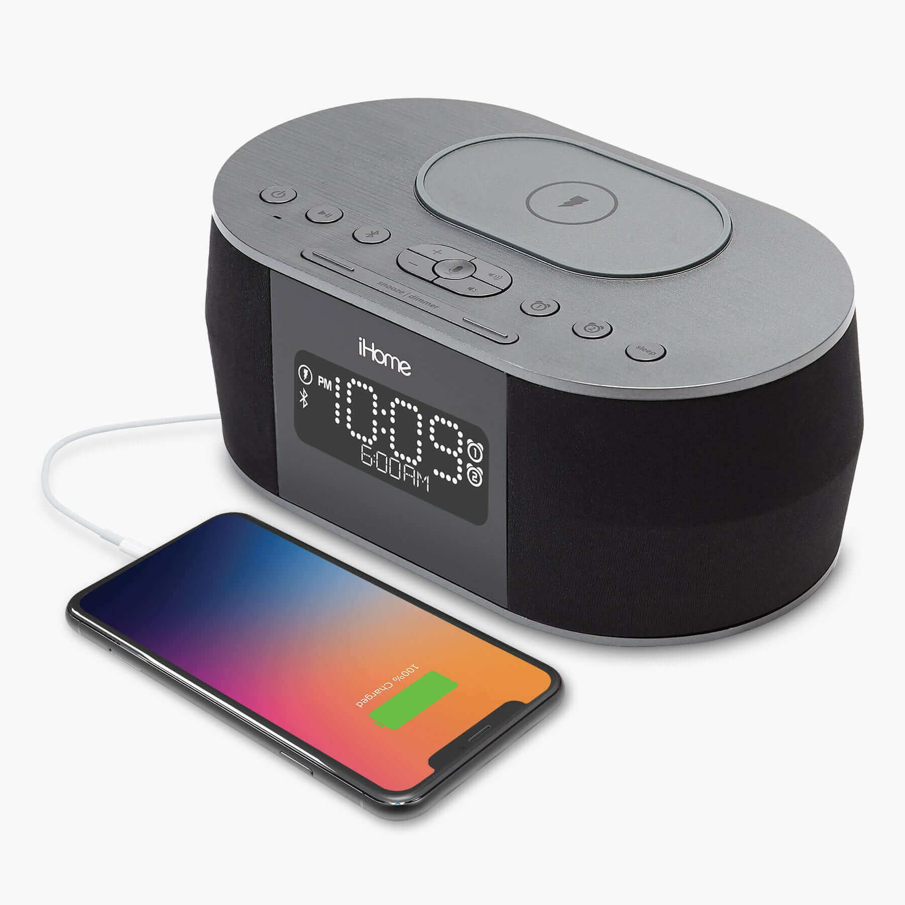 Alarm Clock with Wireless Charging, USB Charging, and Wireless Speaker (iBTW38) - ihomedotcom