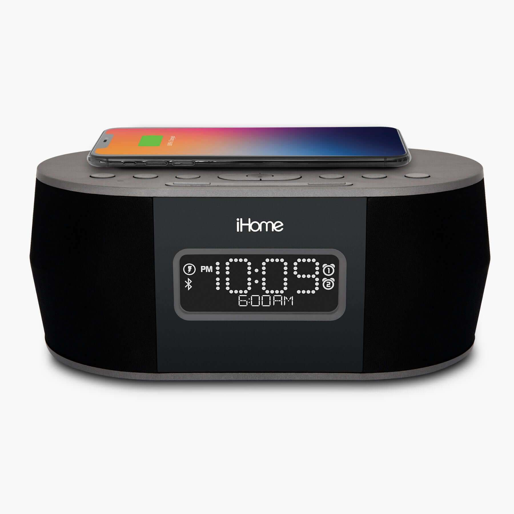 Alarm Clock with Wireless Charging, USB Charging, and Wireless Speaker (iBTW38) - ihomedotcom