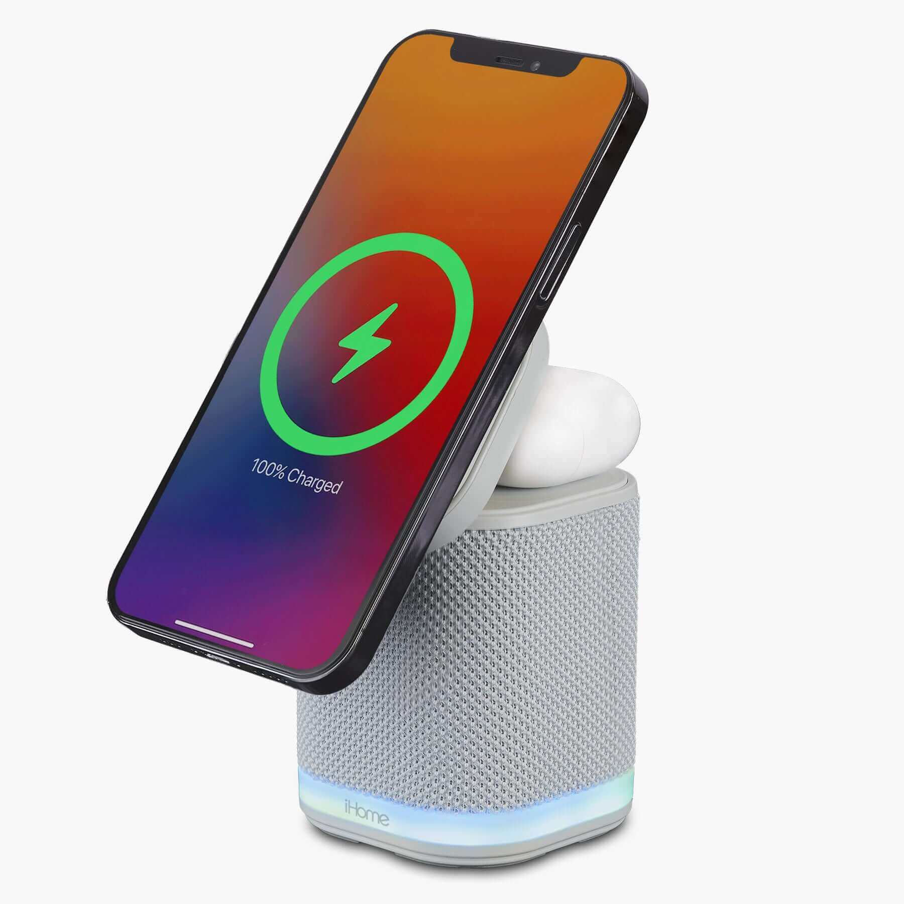 Bluetooth Speaker with Wireless Charger and Color Changing Night Light – Light Gray (iPBT50G) - ihomedotcom