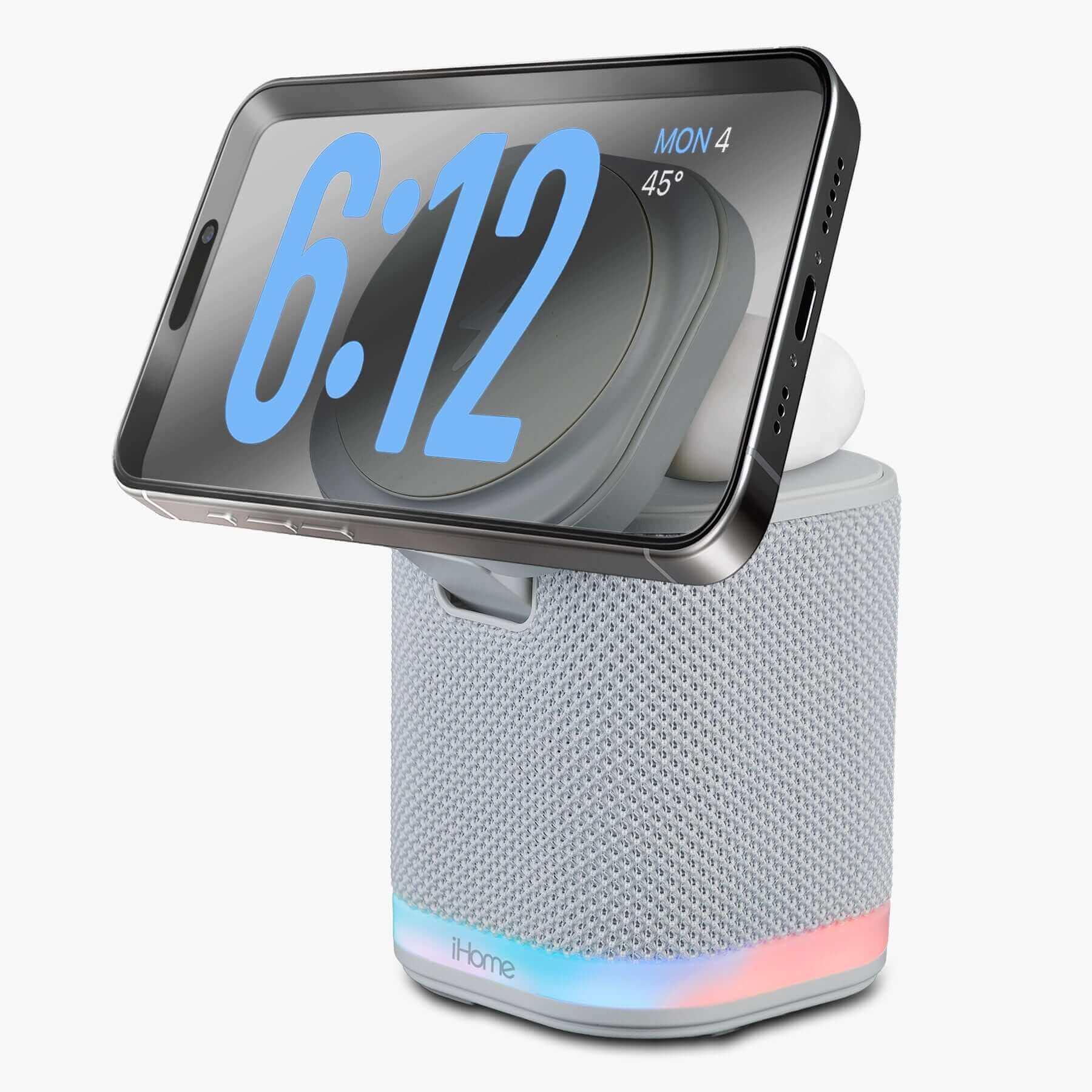 Bluetooth Speaker with Wireless Charger and Color Changing Night Light – Light Gray (iPBT50G) - ihomedotcom