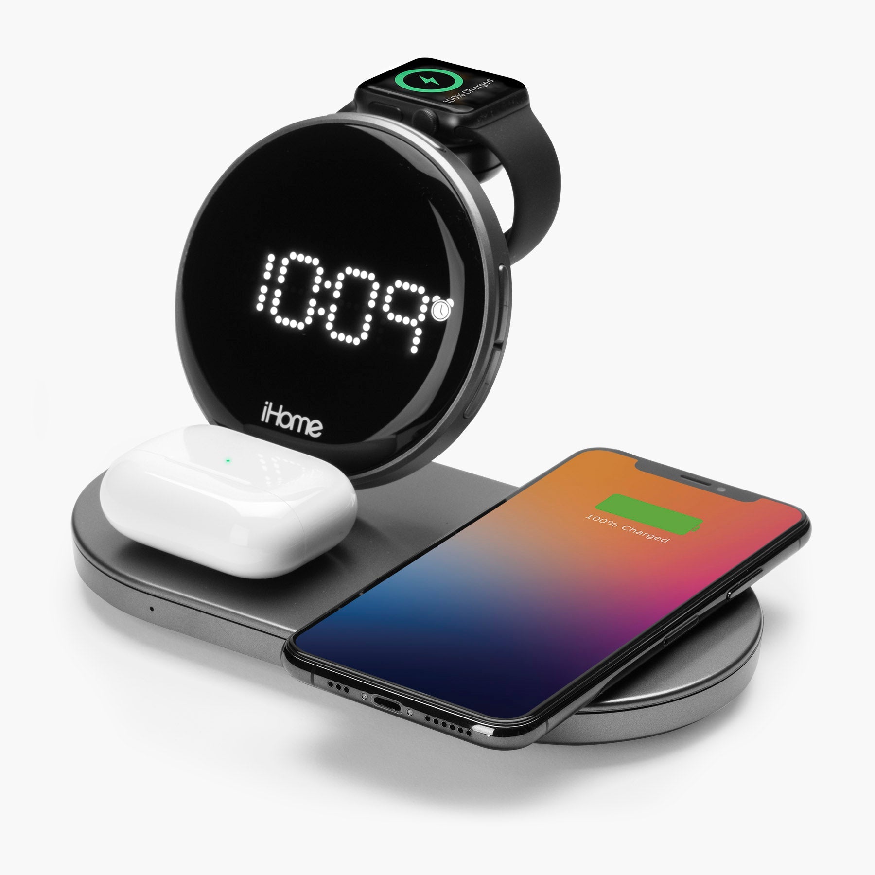 Charging Station with Wireless Charger, Apple Watch Charger, AirPods Charger, USB Charging (iWW33) - ihomedotcom