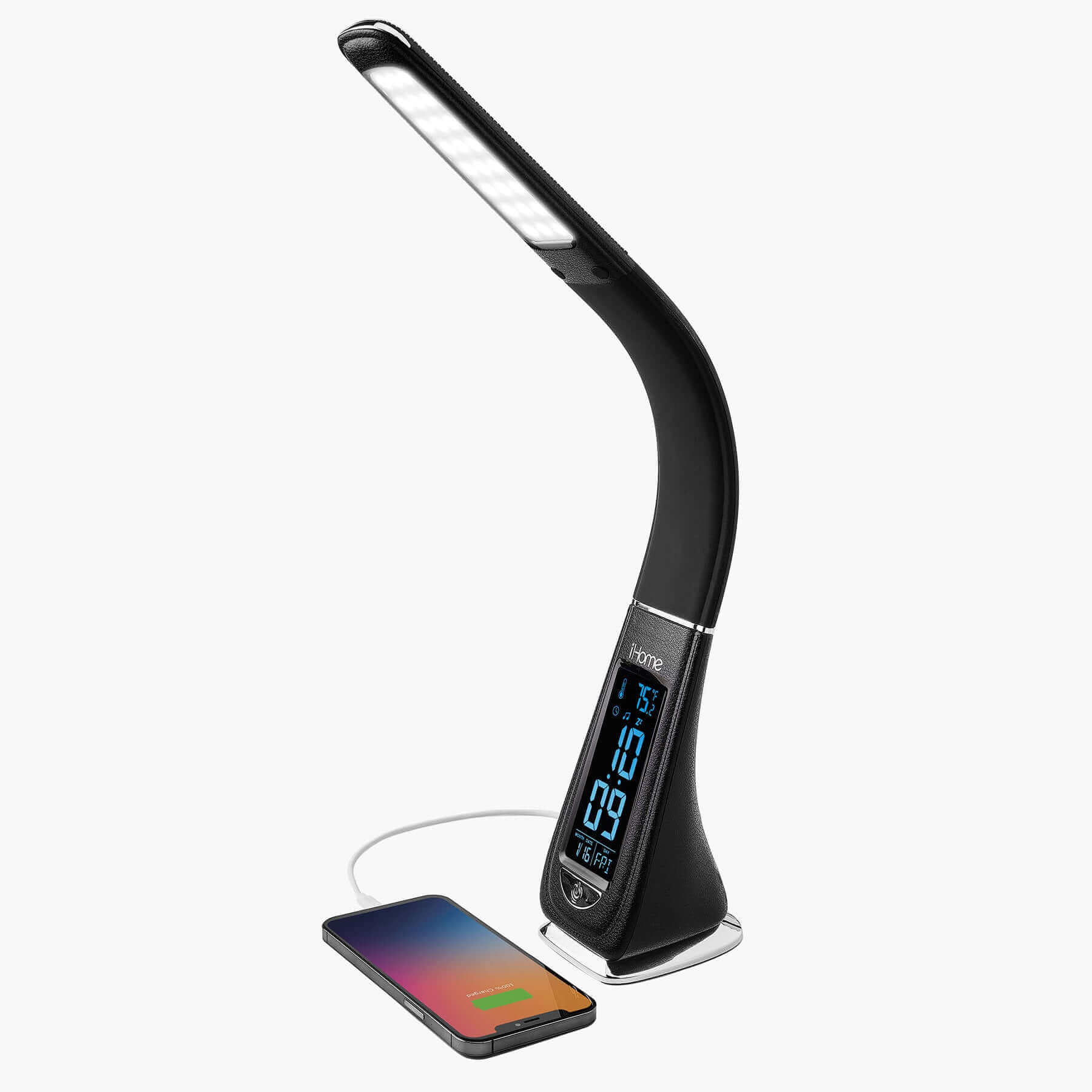 Desk Lamp for Bedroom, Reading Light with Alarm Clock and USB Charging (IL100B) - Black - ihomedotcom