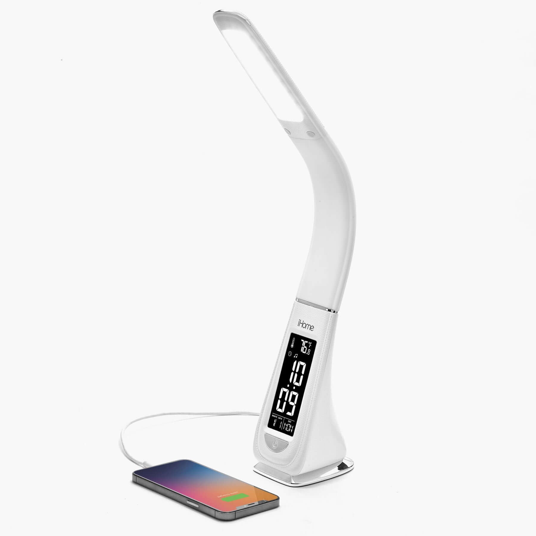 Desk Lamp for Bedroom, Reading Light with Alarm Clock and USB Charging - White (iL100W) - ihomedotcom