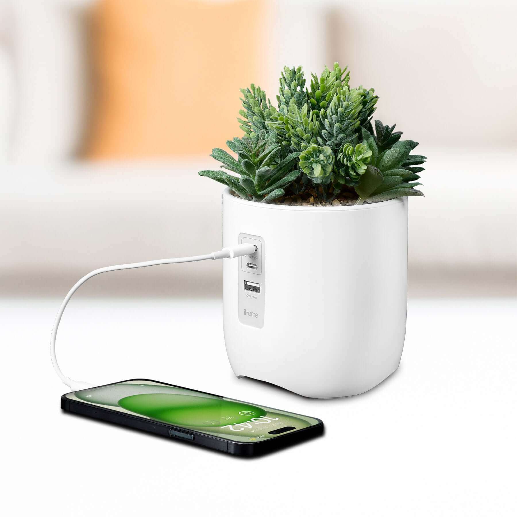 Faux Succulent with USB Charging Station for iPhone, Android, and Samsung Devices – White (iPP45) - ihomedotcom