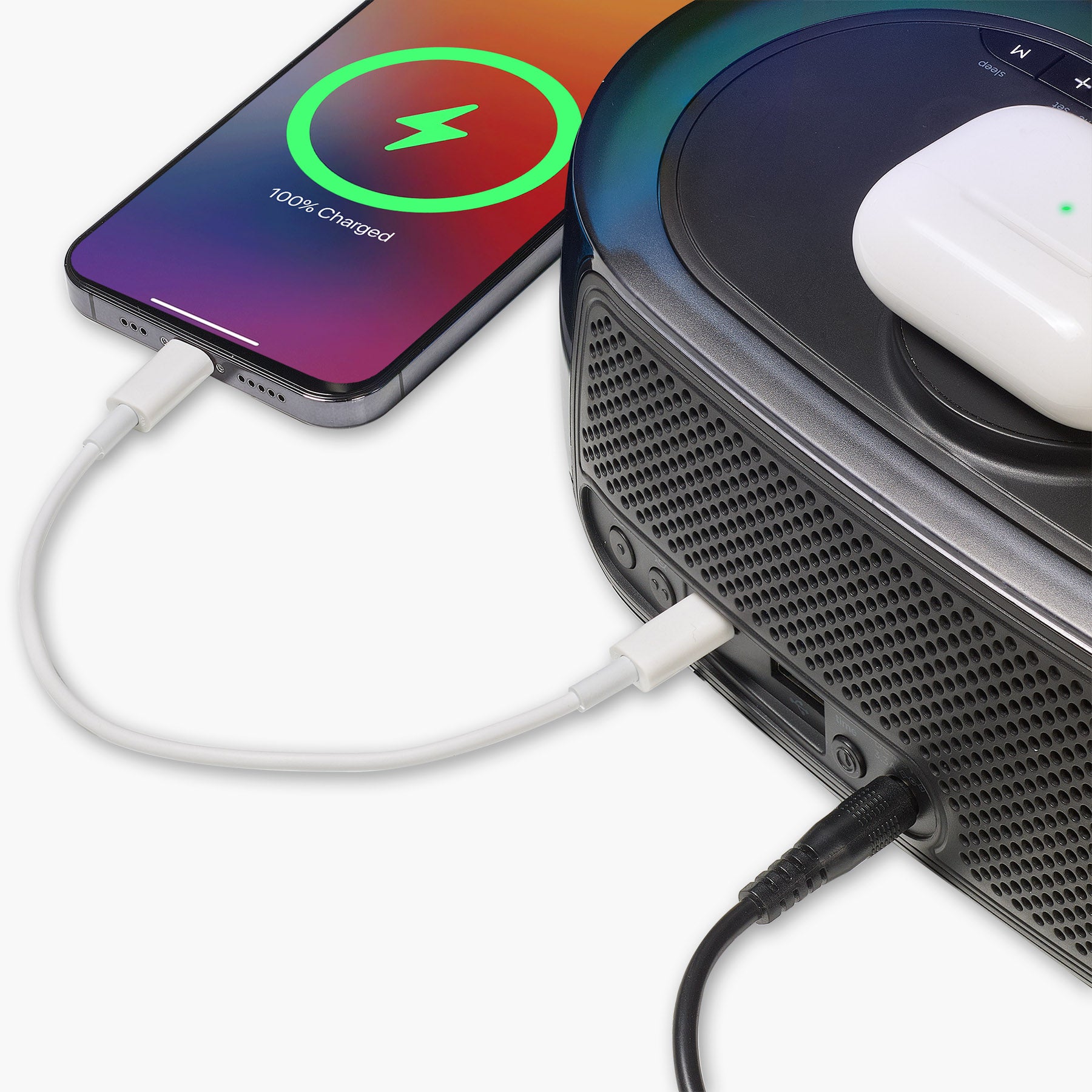 Clock Radio with Wireless Charger, Bluetooth Speaker, and 2 USB Chargers (iBTW282)