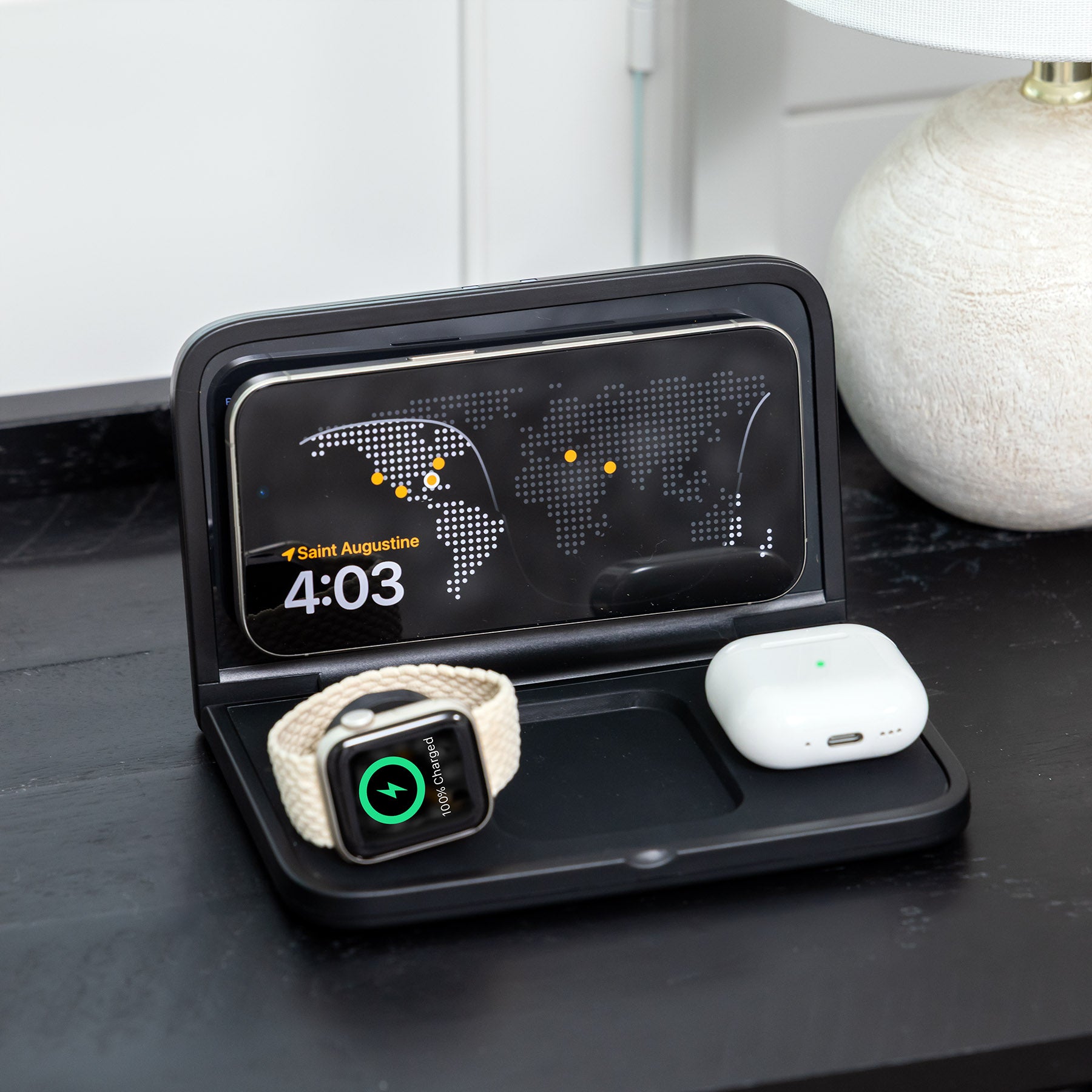 Travel Alarm Clock with Wireless Charging Station for iPhone, AirPods, and Apple Watch (iWW7)