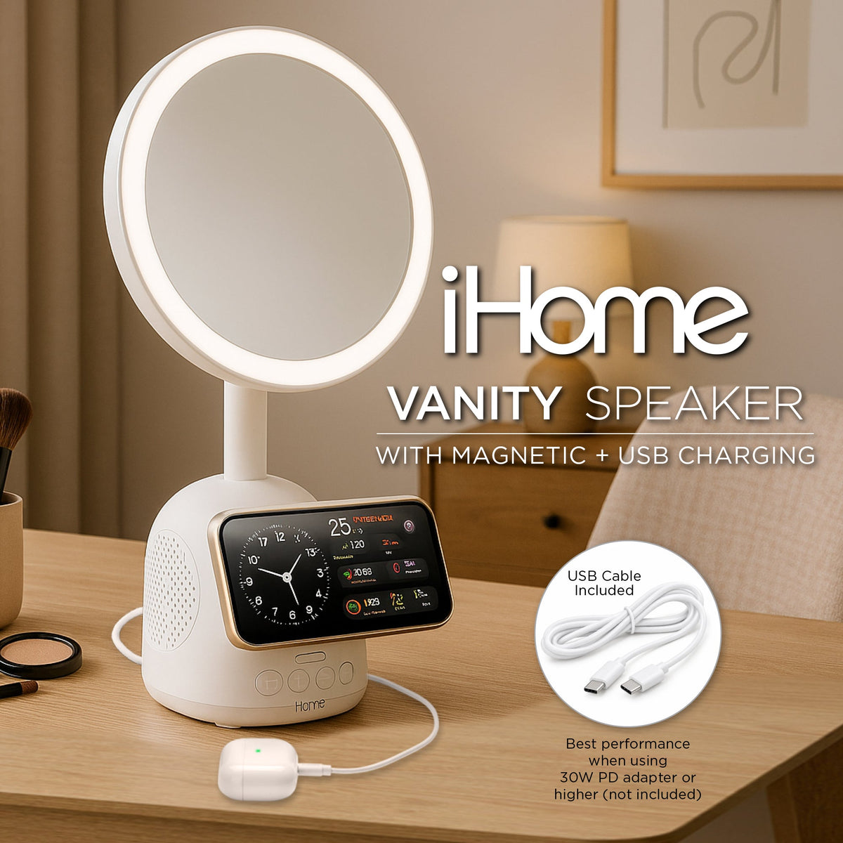 Makeup Mirror with Lights, Wireless Charger and Bluetooth Speaker (iPCVBT19VM) - ihomedotcom