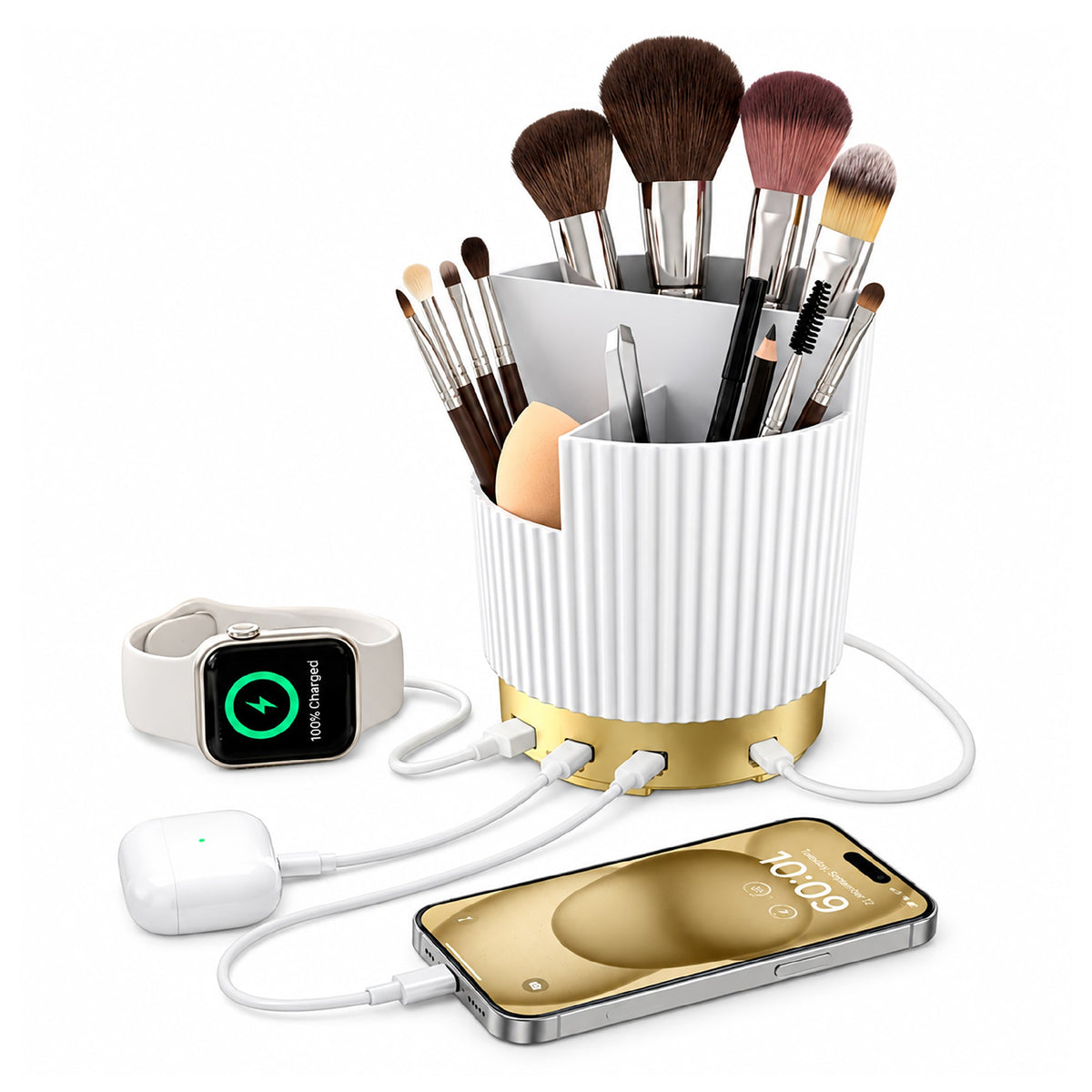 Makeup Organizer with USB Charging Station (White) - ihomedotcom