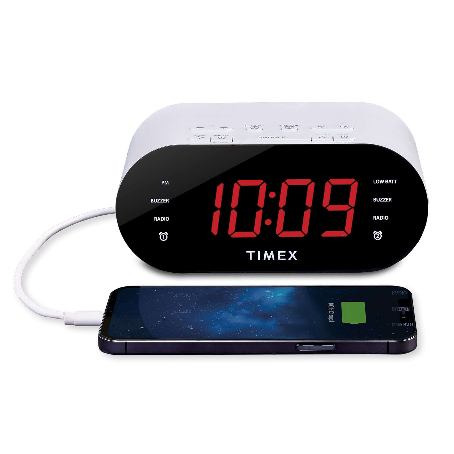 Timex Alarm Clock for Bedroom with FM Radio and USB Charging - White (T232W) - ihomedotcom