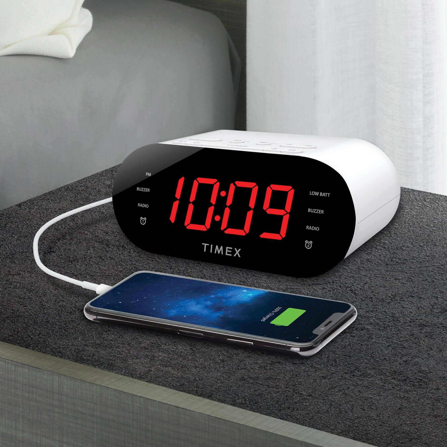 Timex Alarm Clock for Bedroom with FM Radio and USB Charging - White (T232W) - ihomedotcom