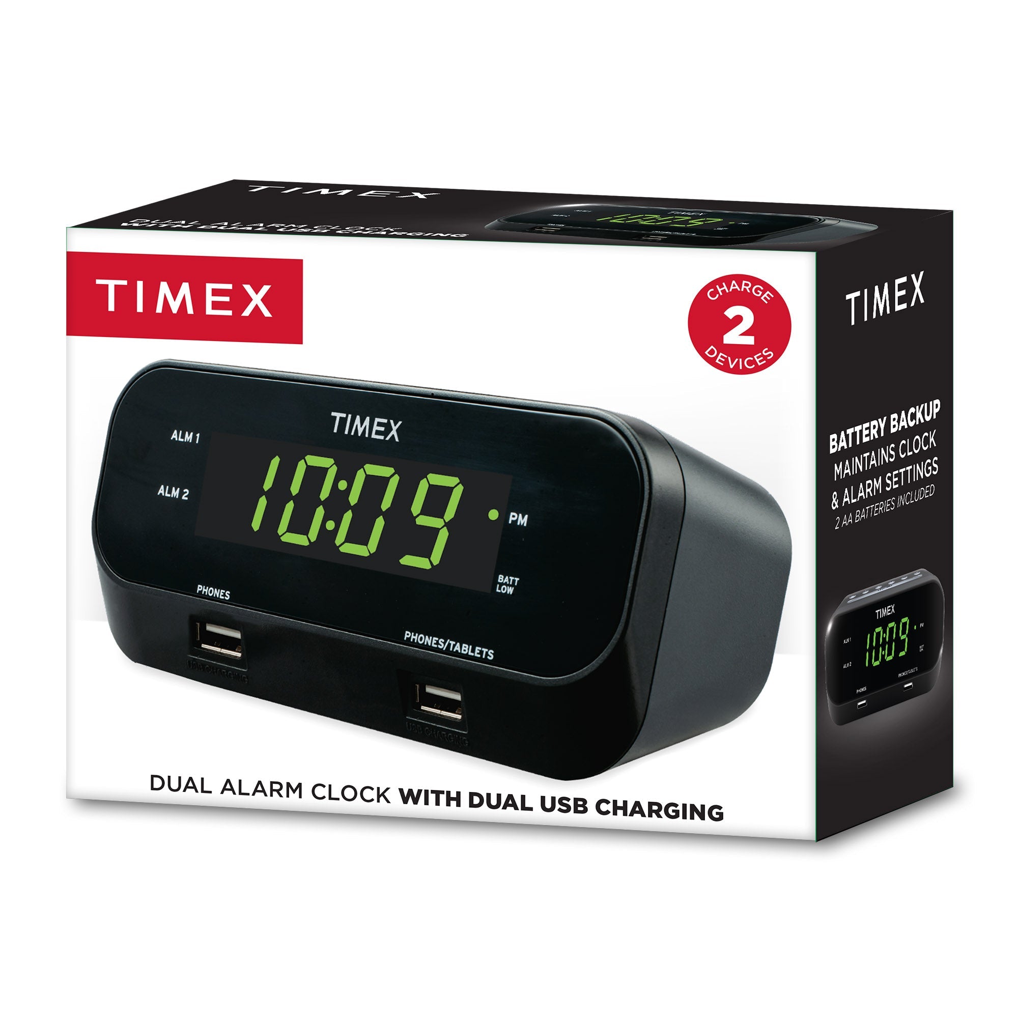 Timex Alarm Clock with 2 USB Charging Ports – (T129) - ihomedotcom