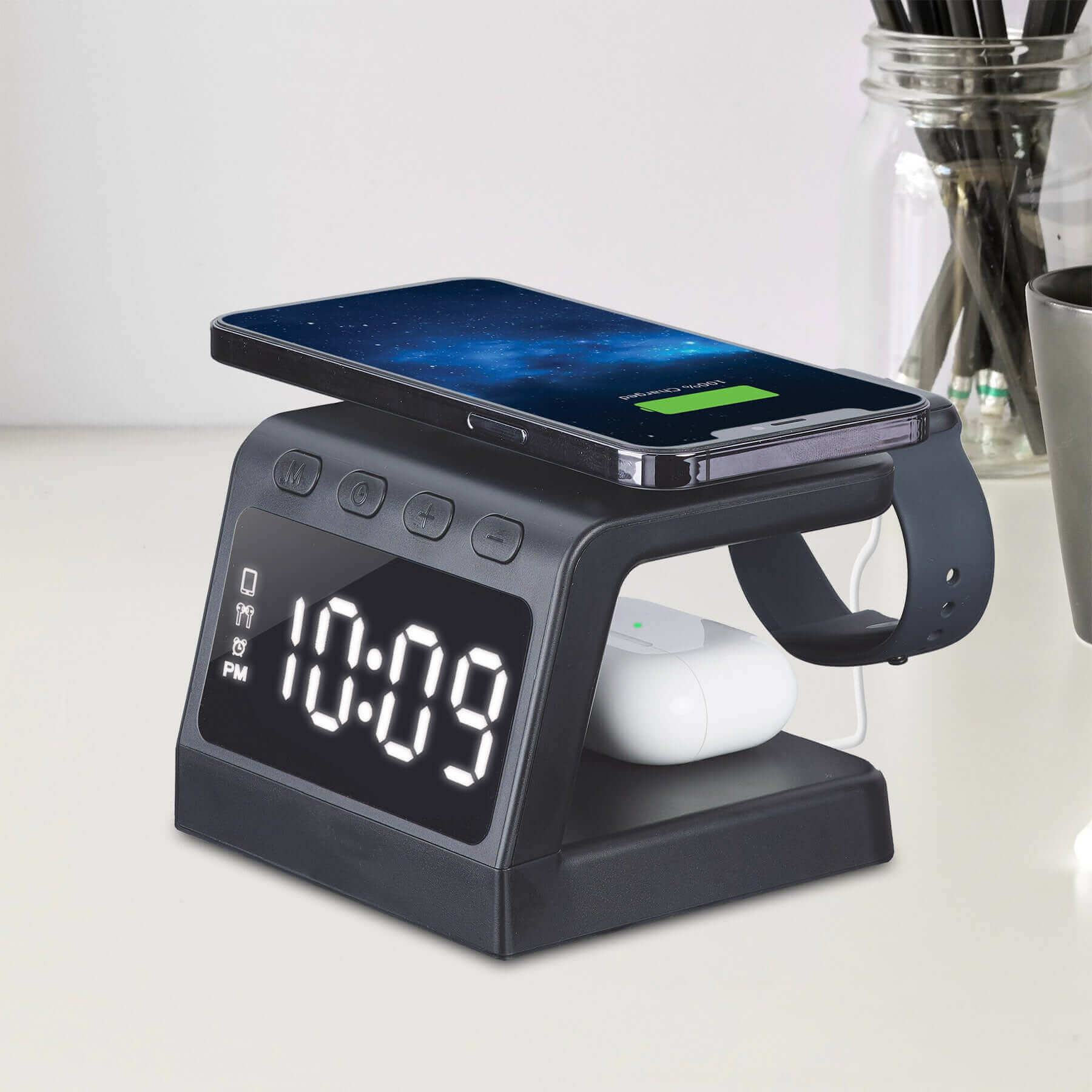 Timex Alarm Clock with Fast Wireless Charging Station - Black (TWW30B) - ihomedotcom