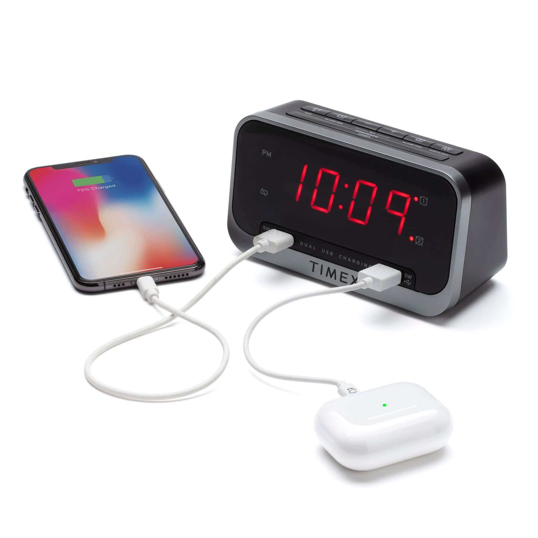 Timex Alarm Clock with Night Light and 2 USB Charging Ports (T1300) - ihomedotcom