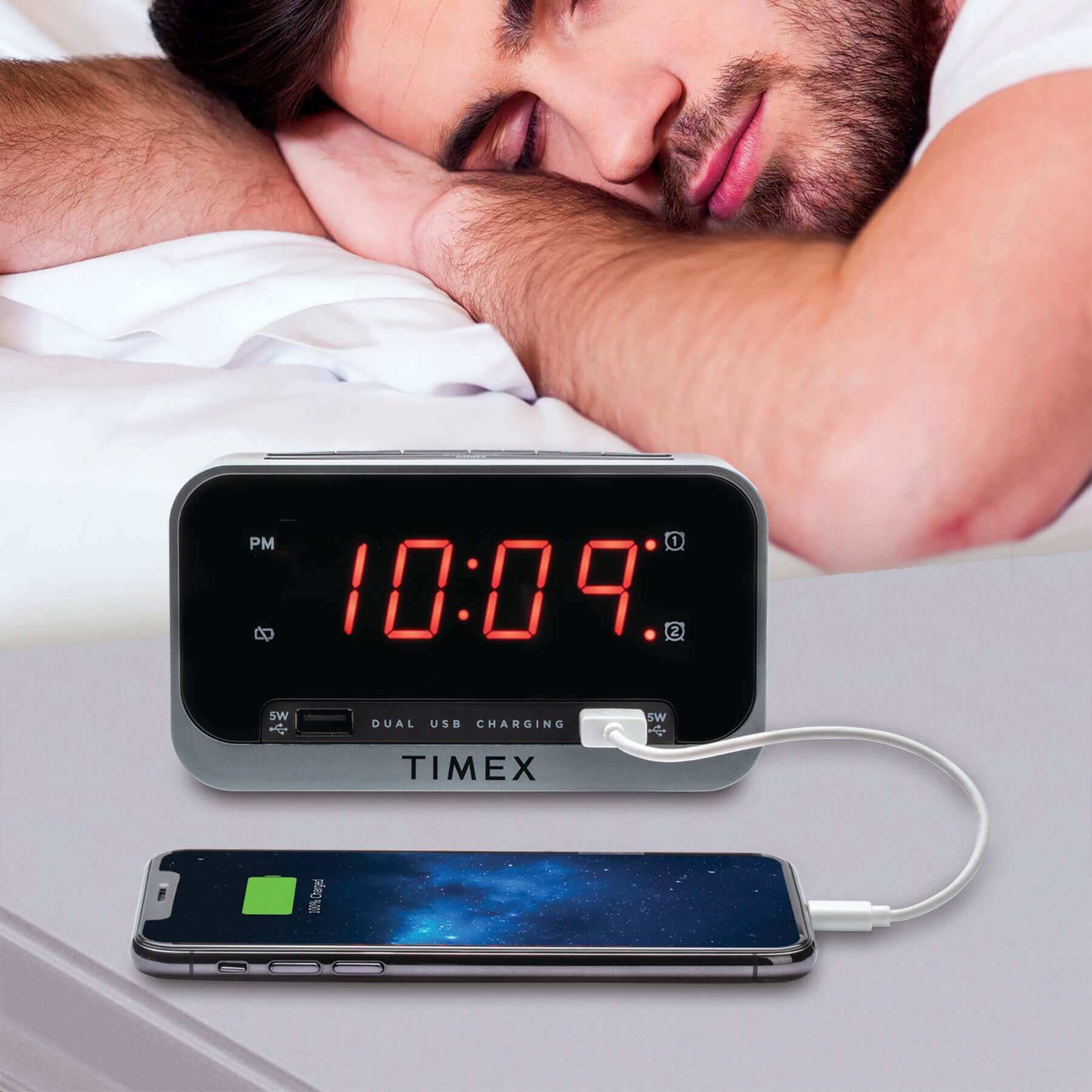 Timex Alarm Clock with Night Light and 2 USB Charging Ports (T1300) - ihomedotcom